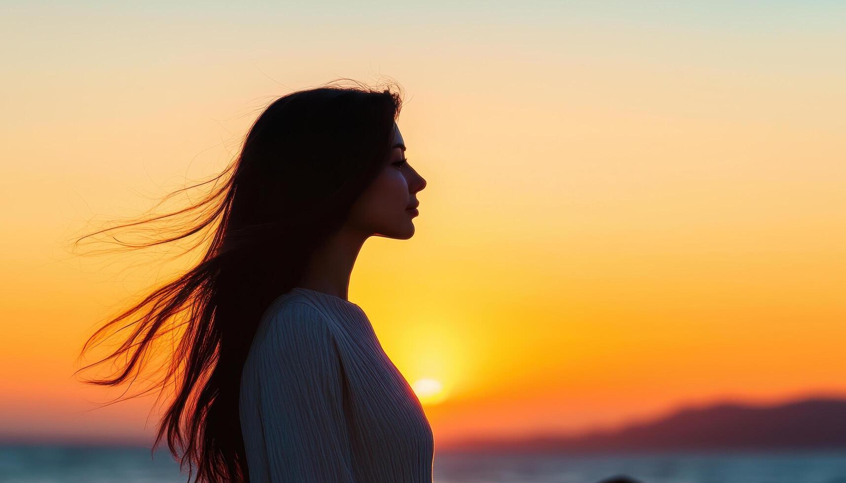 Stunning Woman with Cascading Hair at Sunset Beach Background Copyspace Silhouette Concept photo