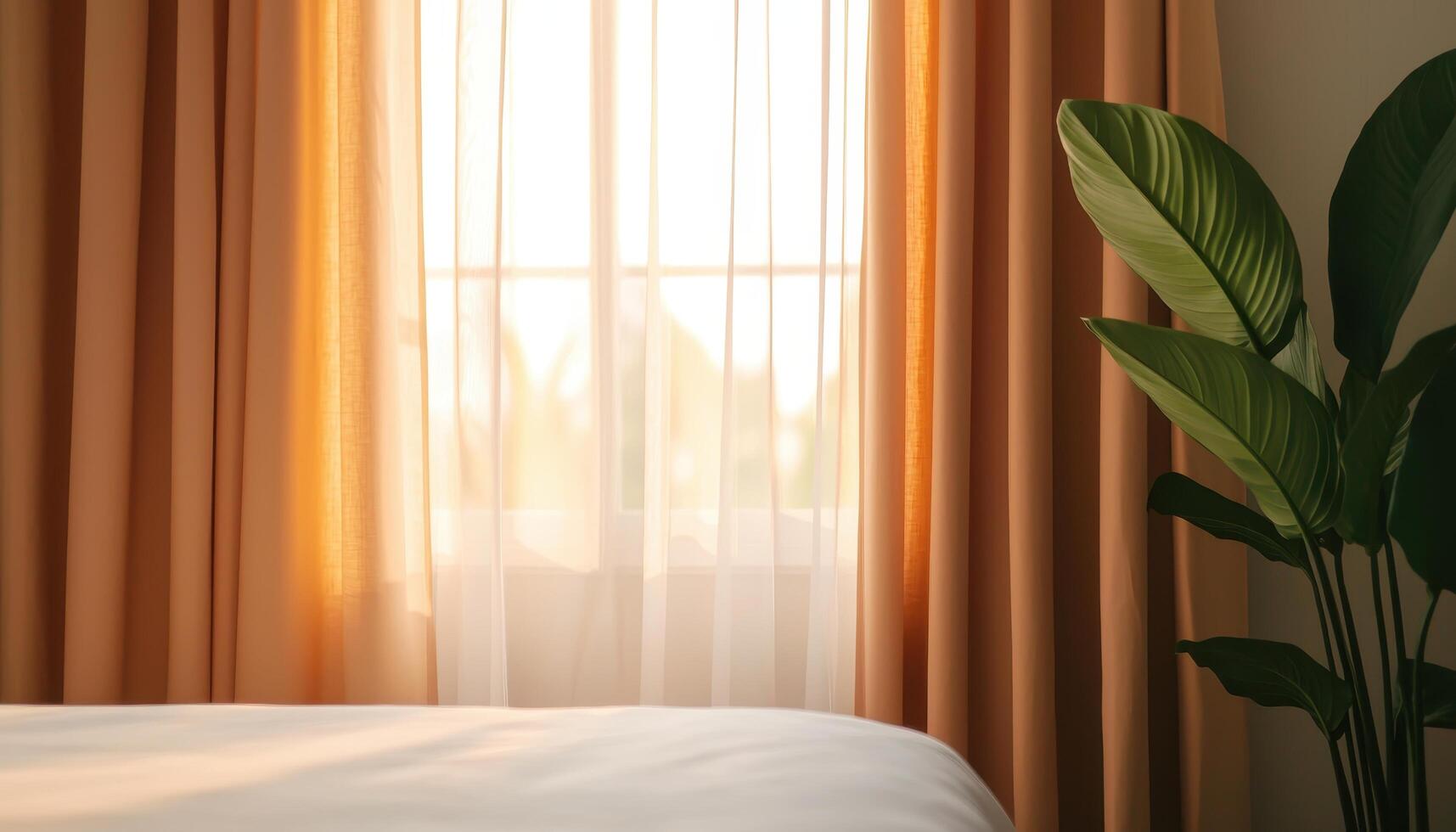 Sheer Curtains Fluttering in Sunlight Bright Room Interior Design Cozy Environment Background Copyspace photo
