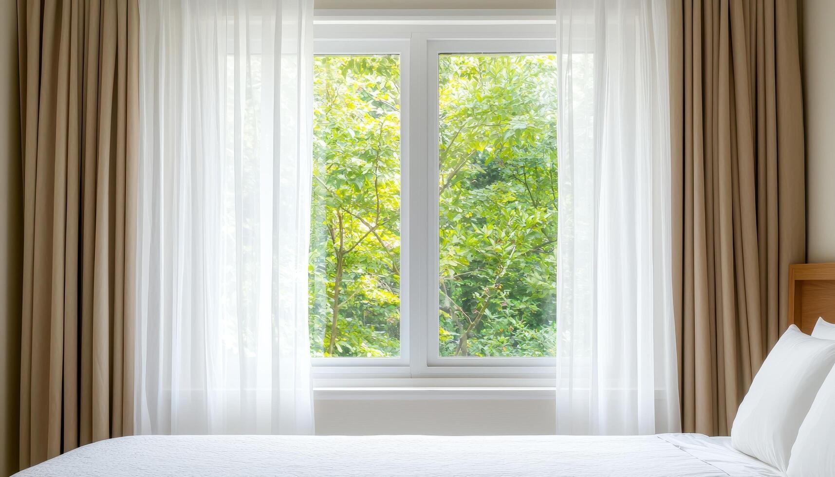 Action of Sheer Curtains Fluttering in an Open Window Bedroom Photography Calm Environment Close-Up Background Copyspace photo
