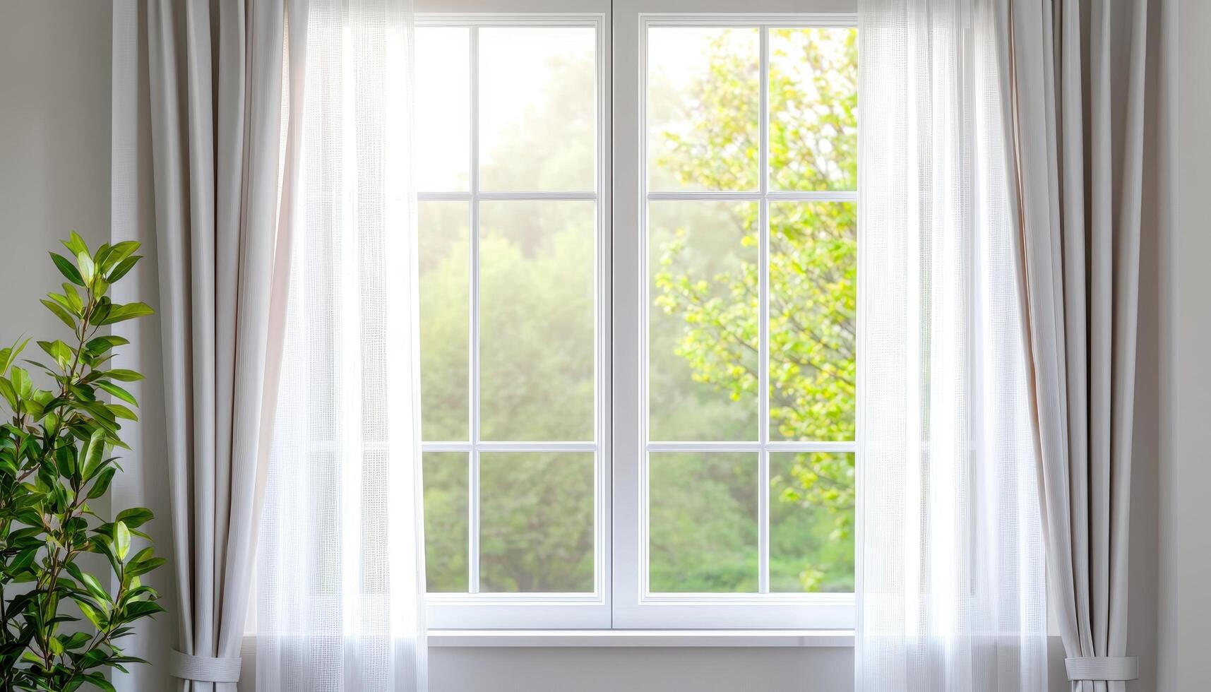 Gentle Breeze Through Sheer Curtains Open Window Home Interior Soft Background Copyspace photo