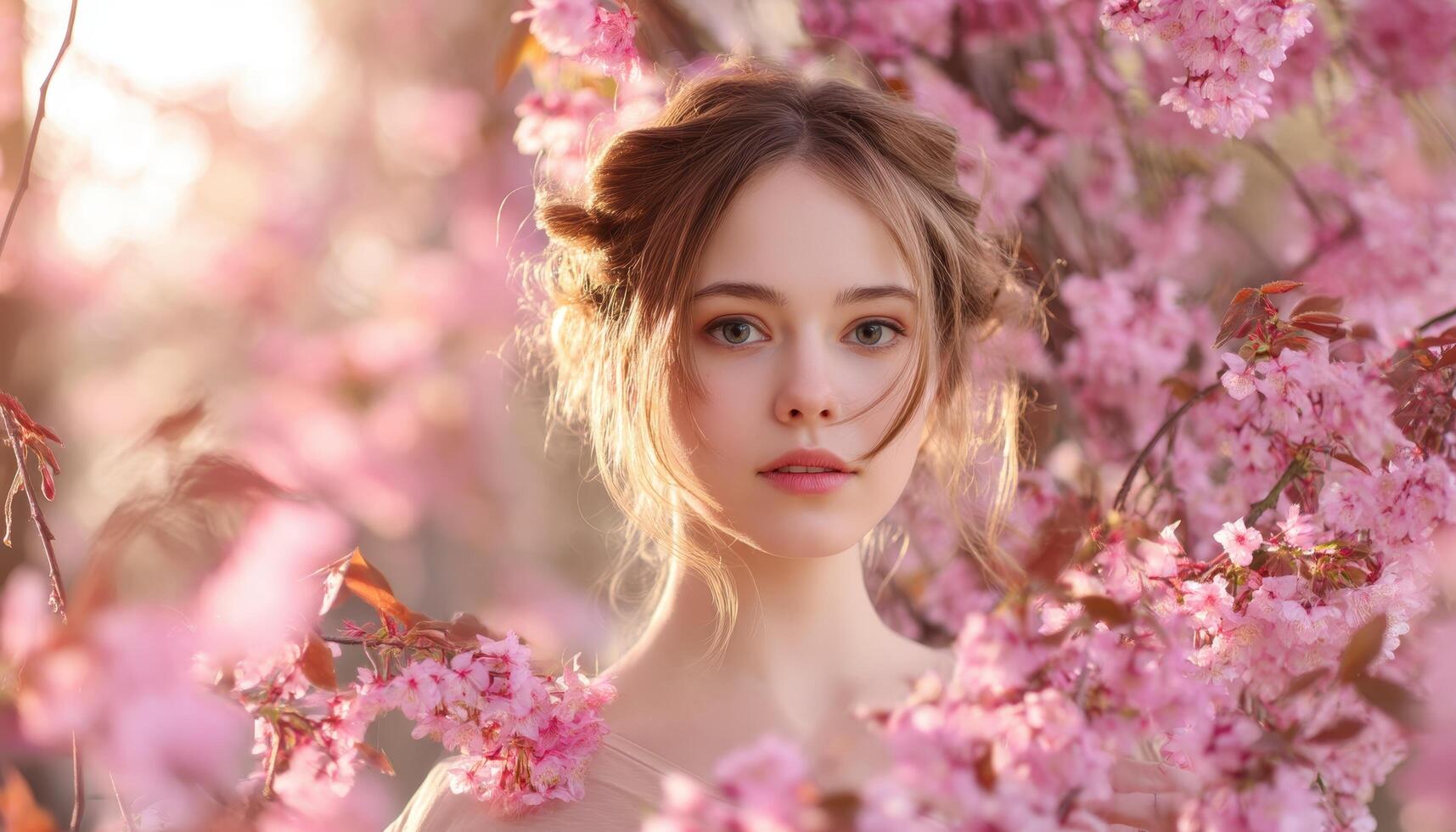 Woman Surrounded by Blooming Cherry Blossoms Nature Background Portrait Soft Light Copyspace photo
