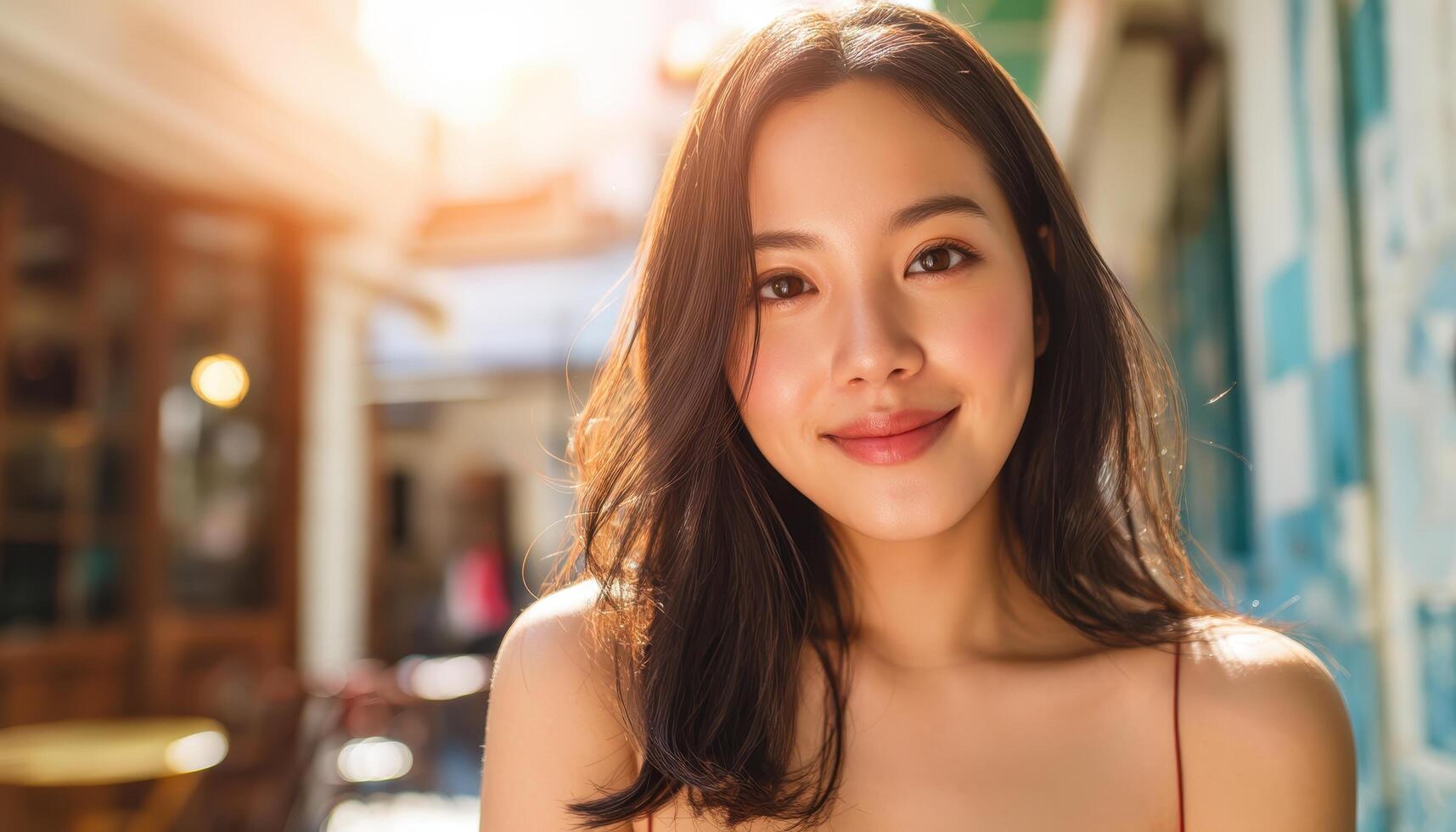 Radiant Asian Woman Smiling Outdoors Portrait Shot Warm Background Copyspace photo