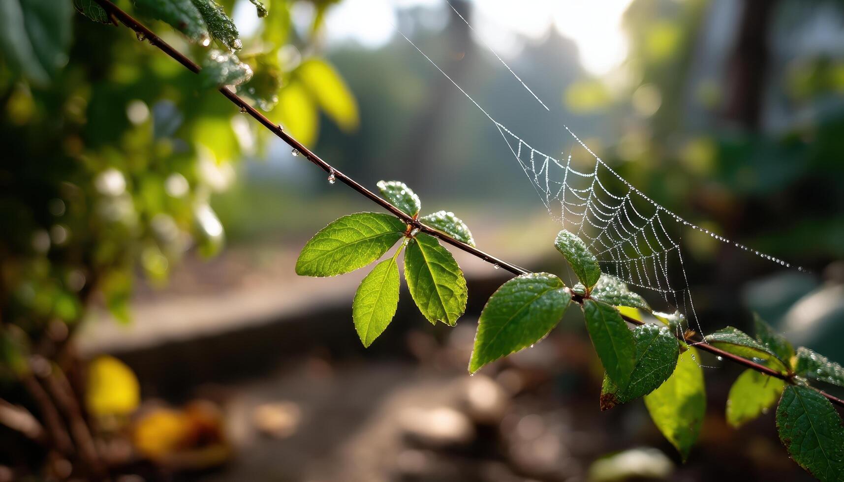 Dewkissed Spider Web in Early Morning Light Nature Background Copyspace photo