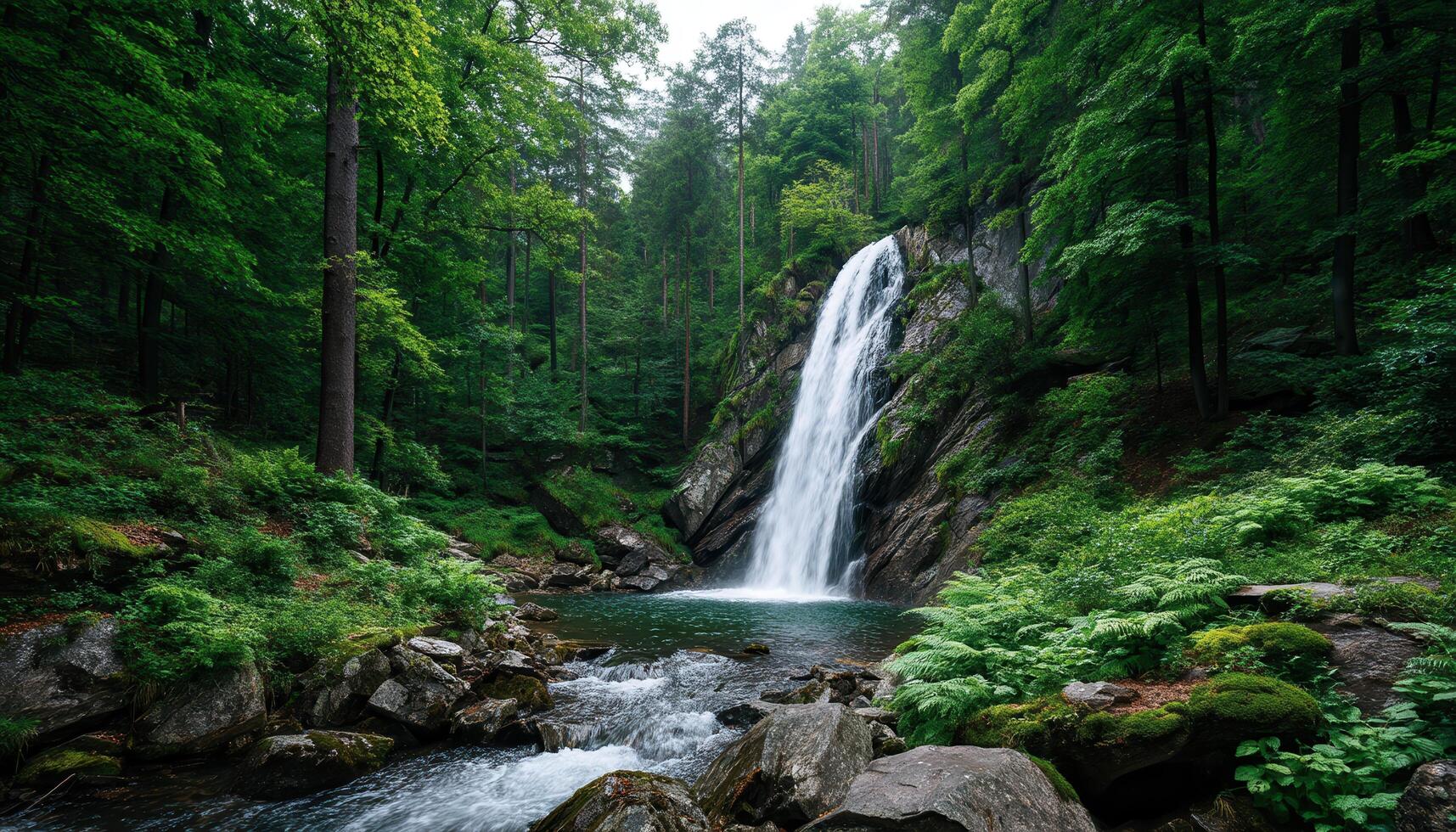 Cascading Waterfall in Lush Forest Nature Scene Background with Copyspace photo