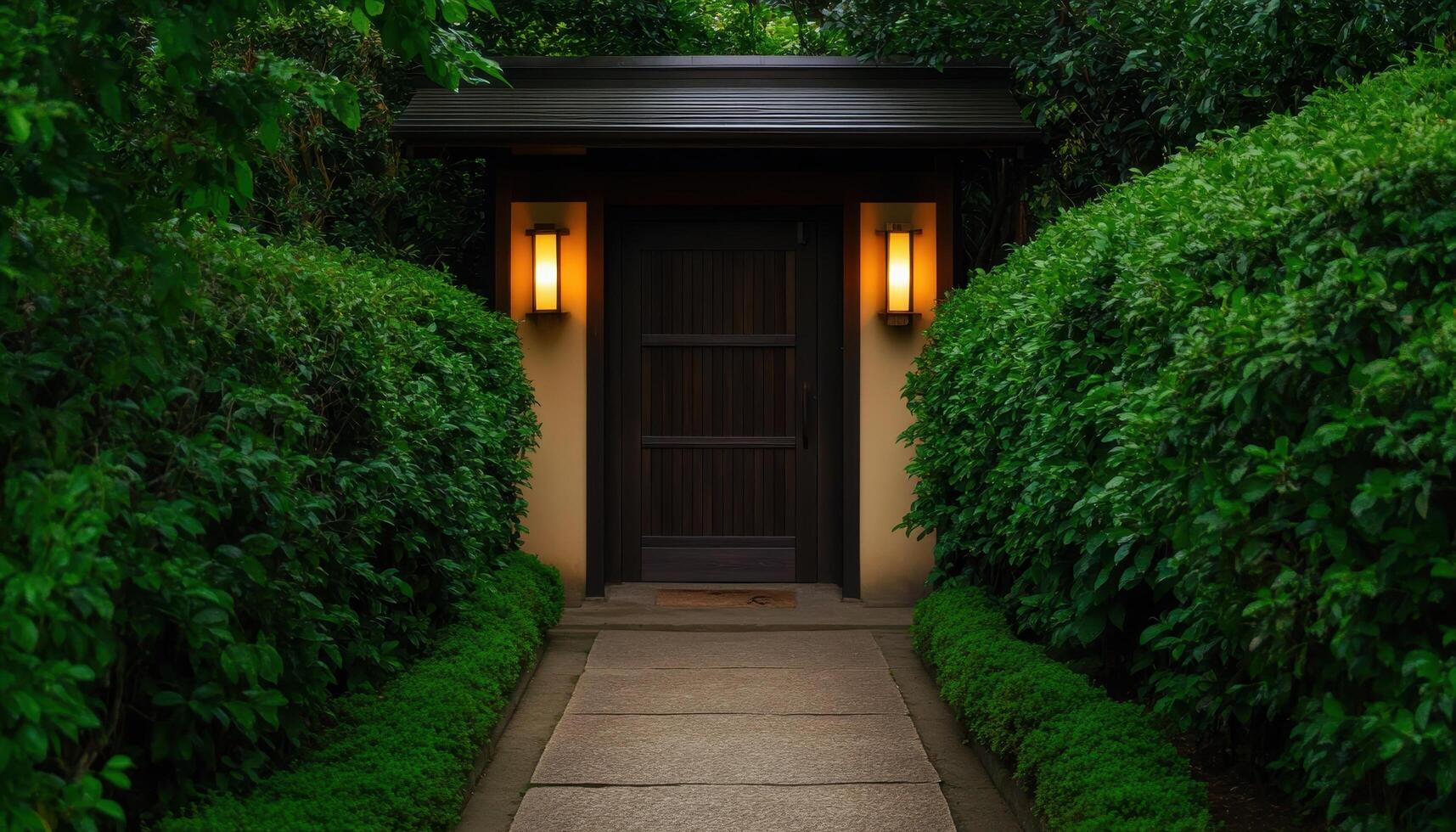 Elegant Restaurant Doorway Surrounded by Lush Greenery Copyspace Background Tranquil Environment photo