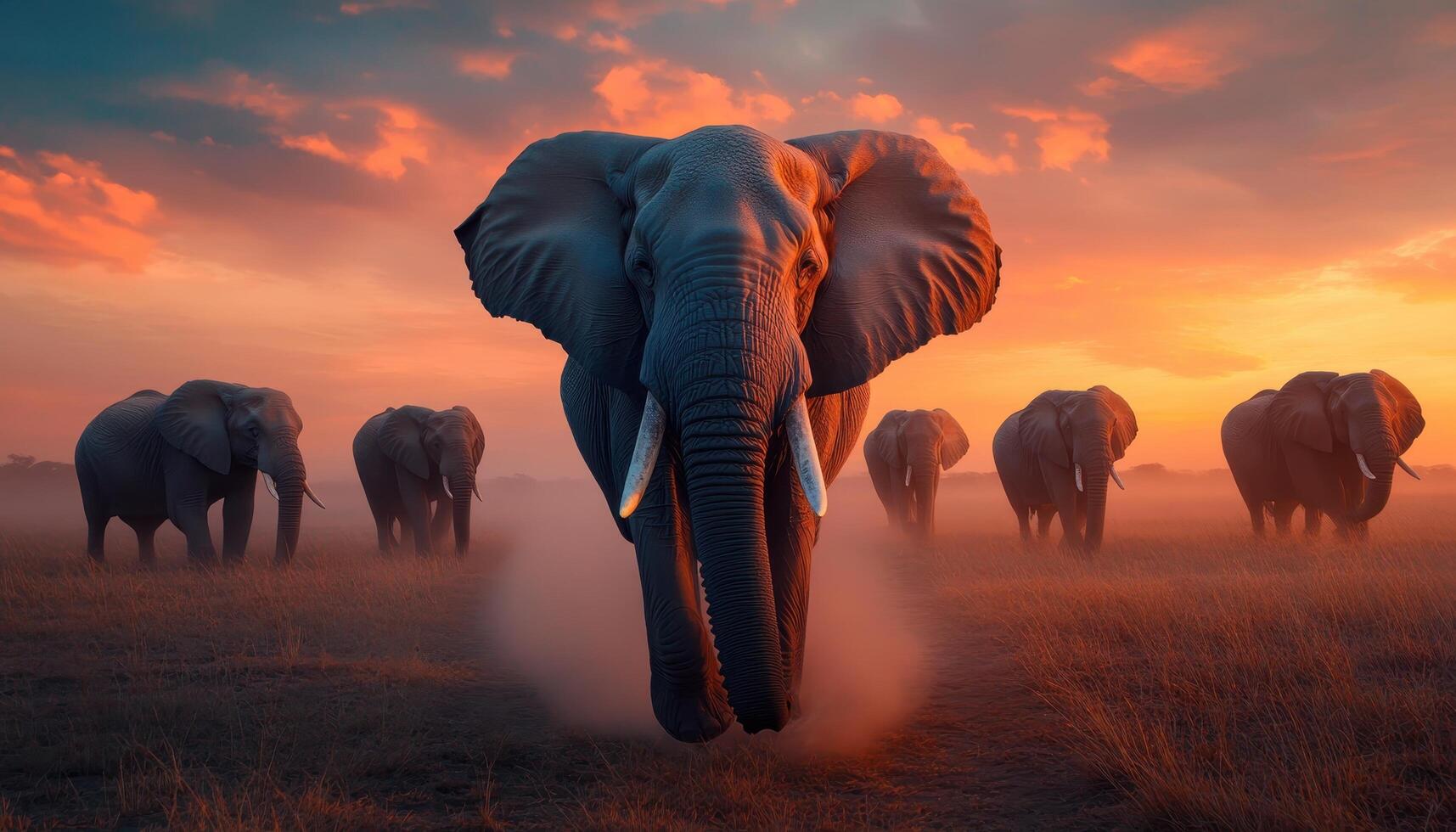 Herd of Majestic Elephants Crossing Savannah at Sunset Nature Scene with Background Copyspace photo