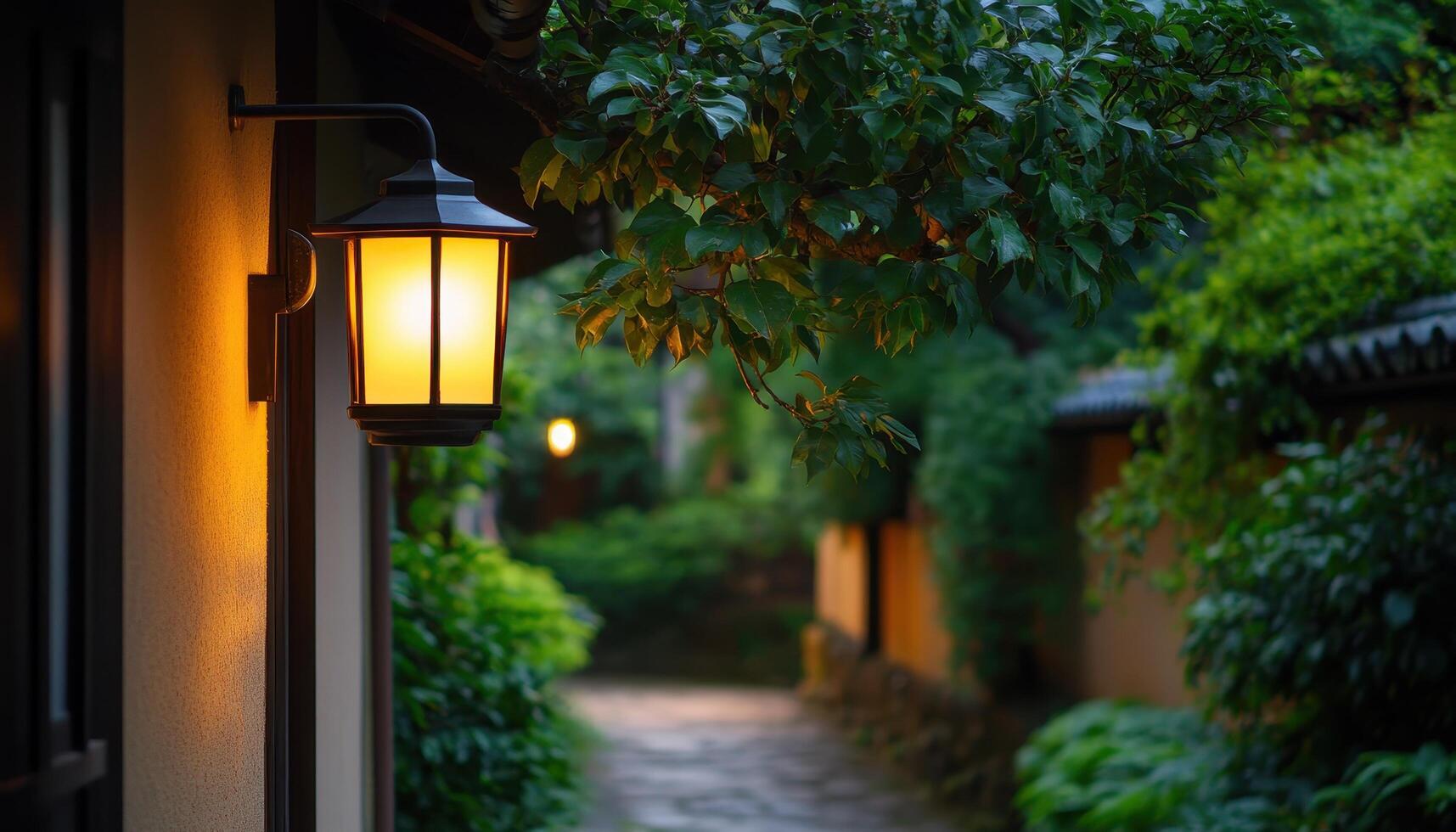 Evening Lantern Glow Japanese Garden Path Photography Serene Environment Soft Background Copyspace photo