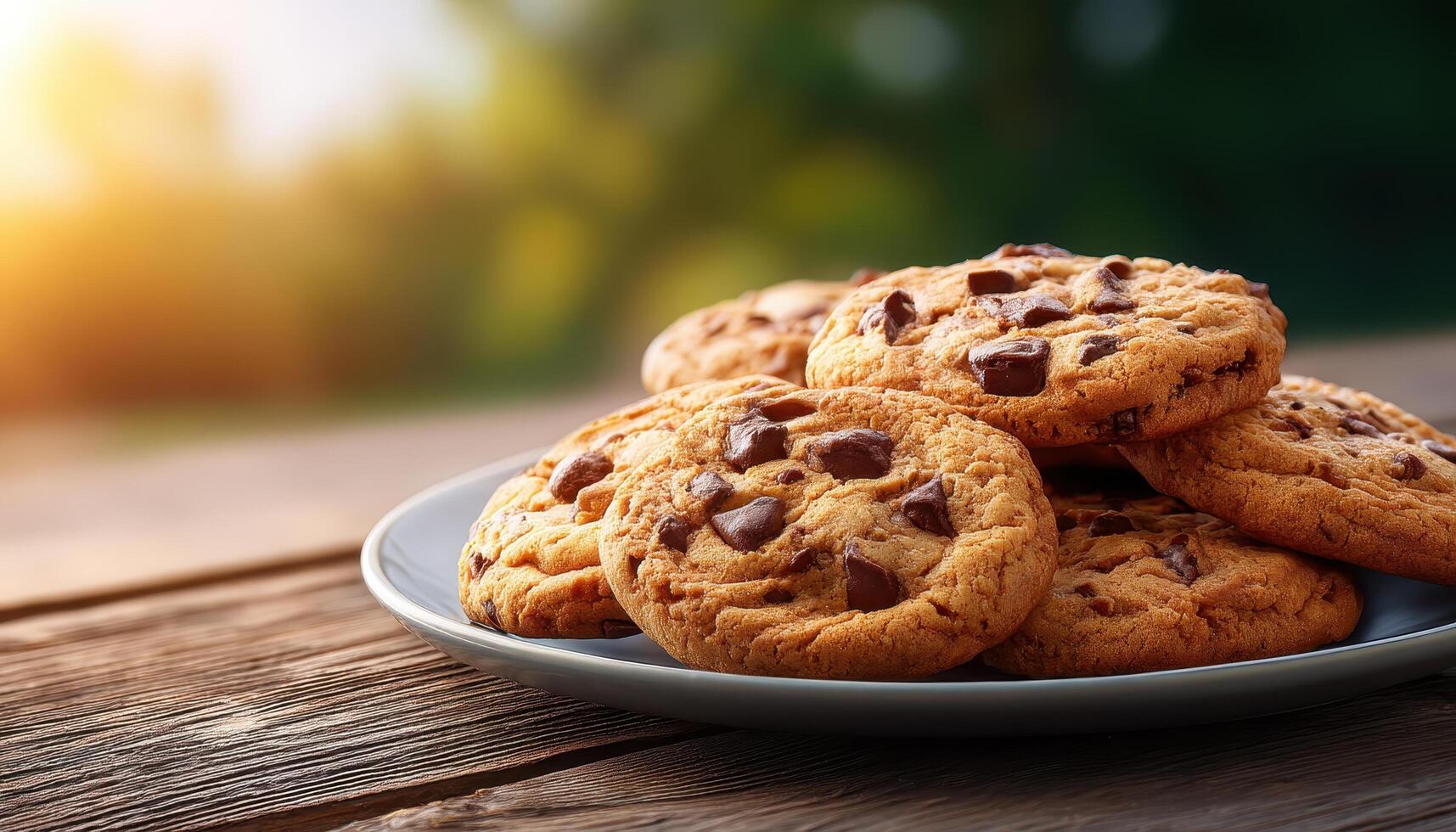 Freshly Baked Chocolate Chip Cookies Outdoor Setting Food Photography Soft Focus Background Copyspace photo