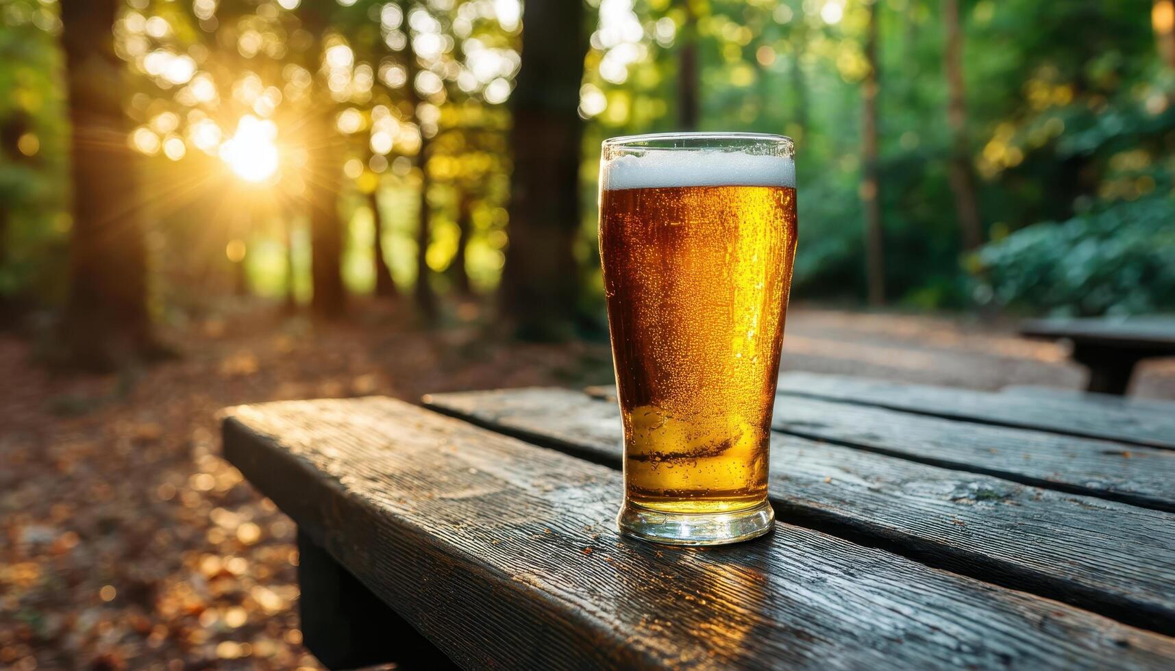 Refreshing Beer in a Forest Setting Nature Background Copyspace for Relaxation Concept photo