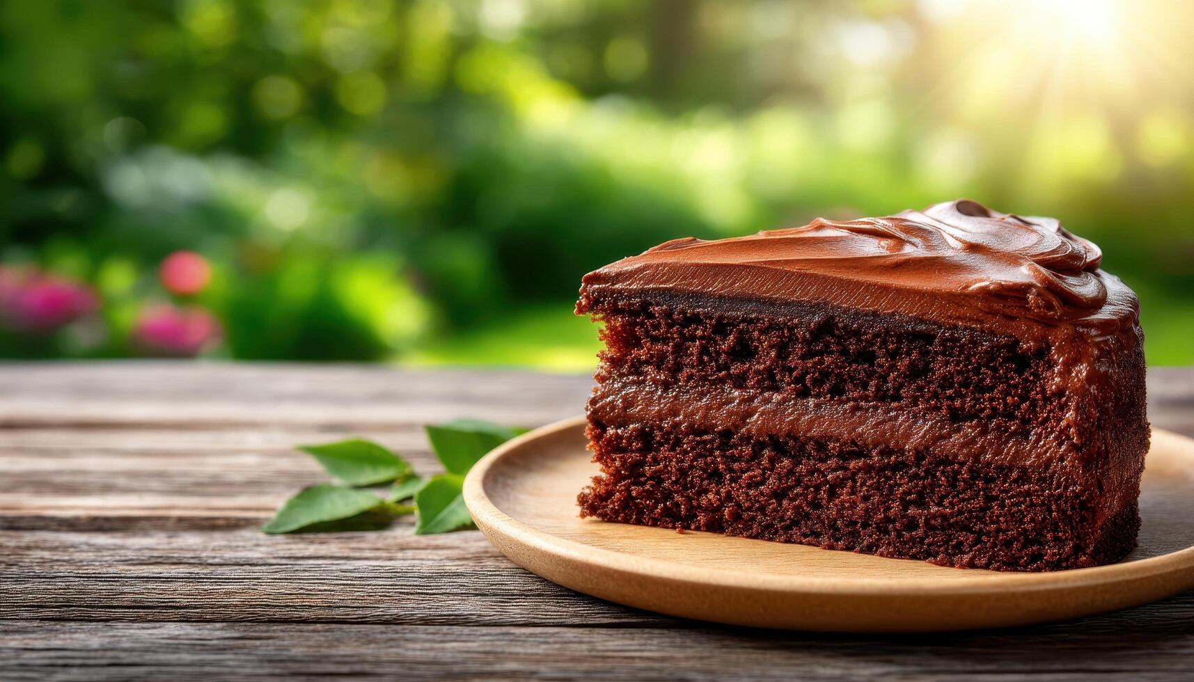 Delicious Chocolate Cake Slice Outdoor Garden Food Photography Nature Background Copyspace photo