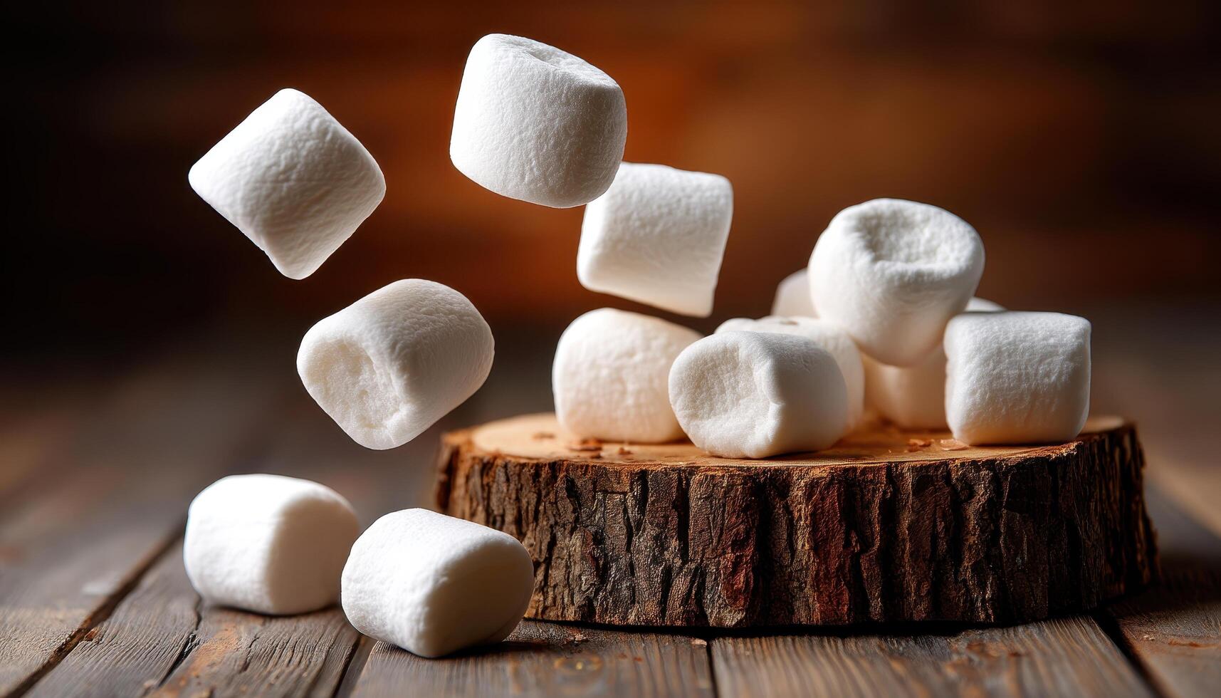 Floating Marshmallows on a Rustic Wooden Platform Artistic Food Photography Background Copyspace photo
