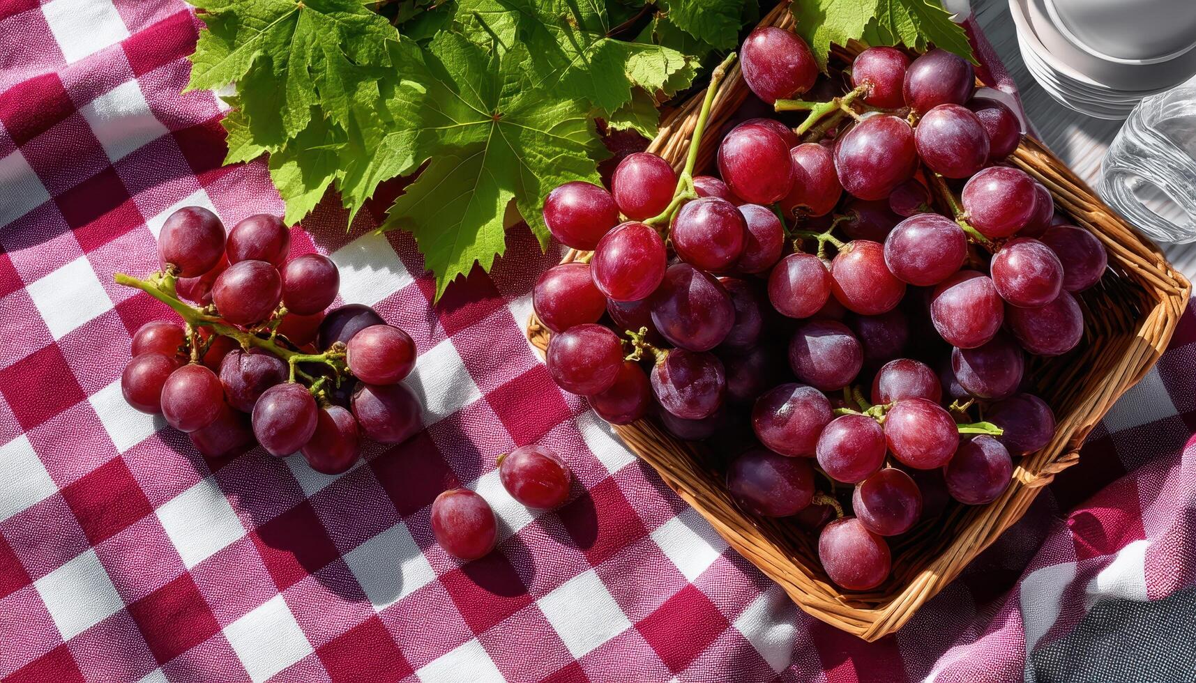 Fresh Red Grapes on Checkered Tablecloth Outdoor Setting Copyspace Background for Delicious Recipes photo