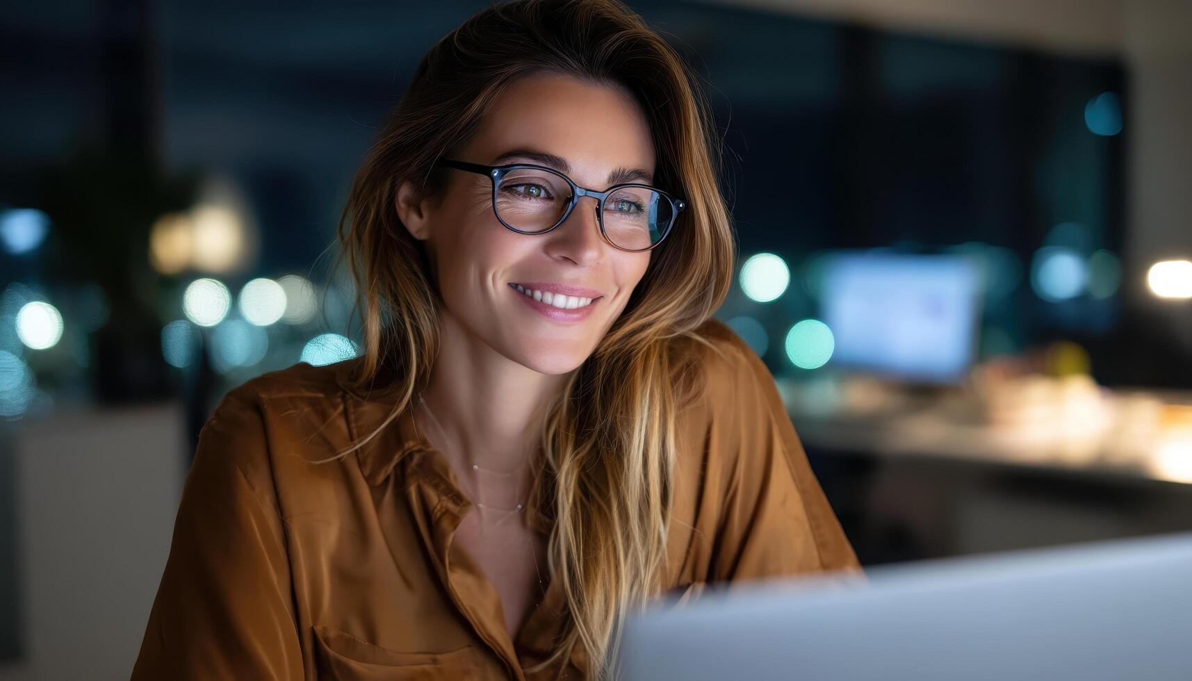 Professional Woman Working Late at Office with Computer Nighttime Background Copyspace photo