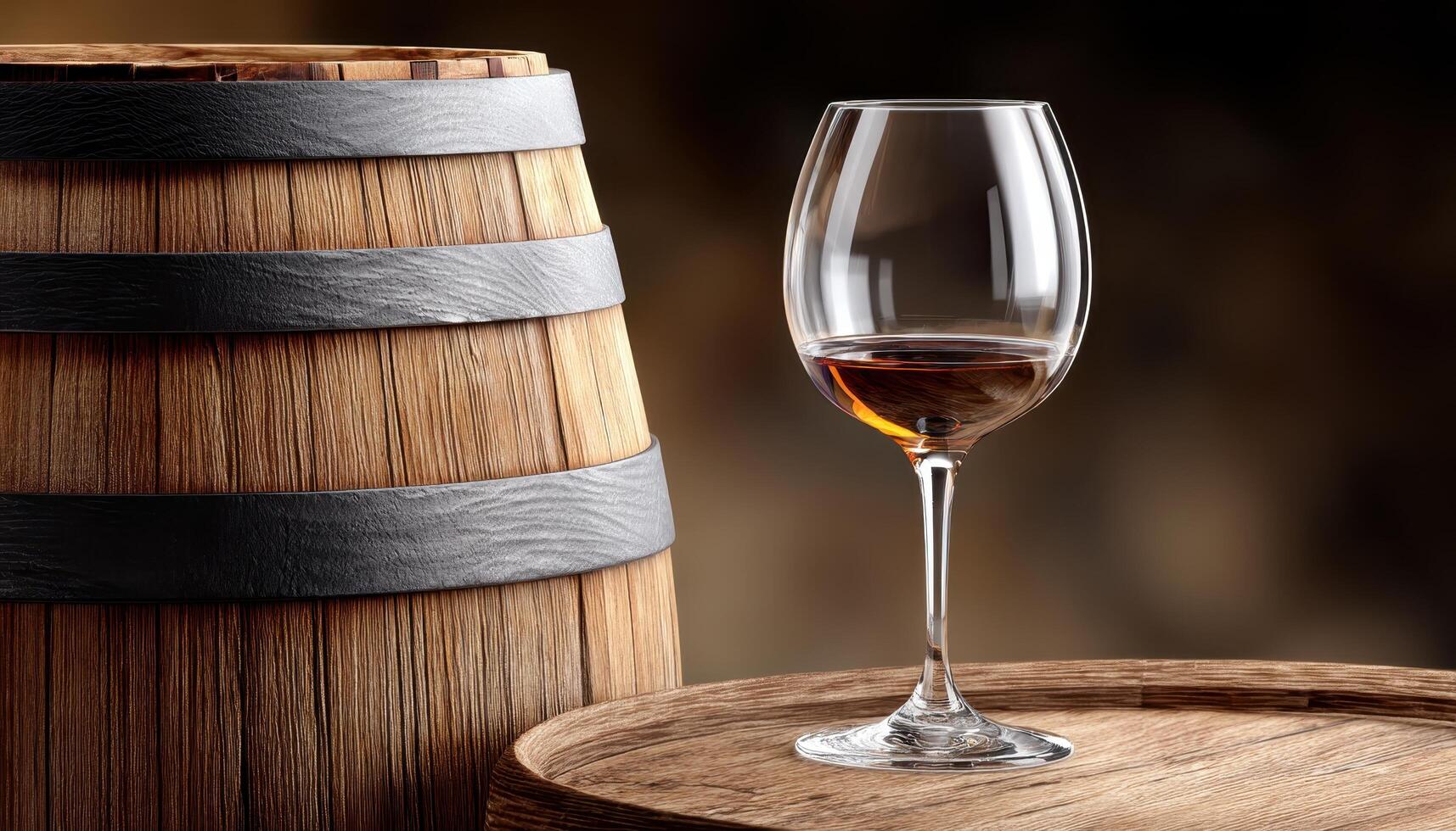 Elegant Wine Glass on Barrel Cozy Setting Copyspace Background for Wine Lovers photo