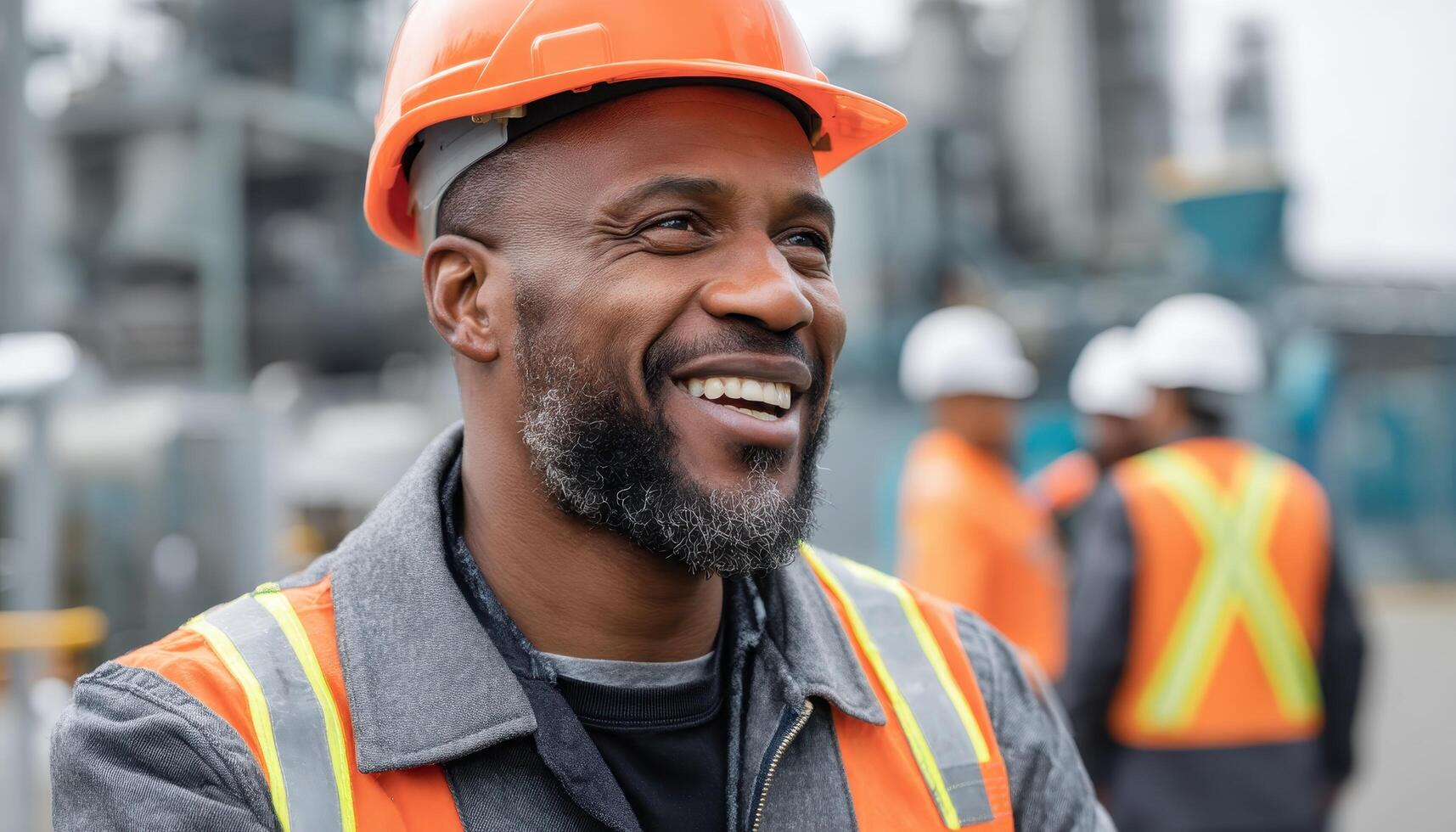 Construction Worker Smiling at Job Site Industrial Background Copyspace for Text photo
