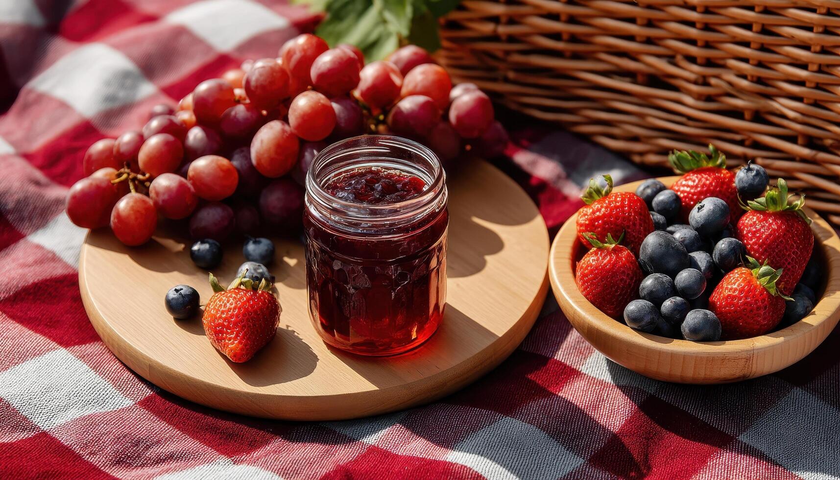Picnic Scene with Jam Grapes and Berries Outdoor Setting Bright Background Copyspace photo