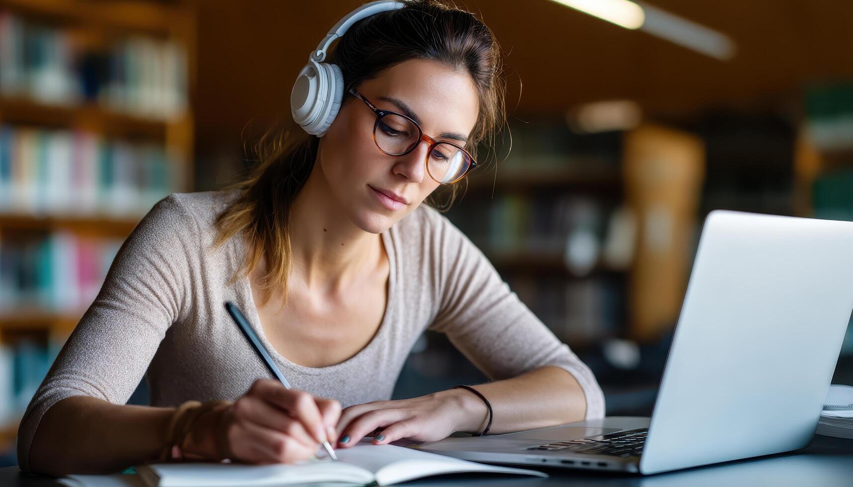 Studying in a Library Young Woman Notebook and Laptop Quiet Background Copyspace for Text photo