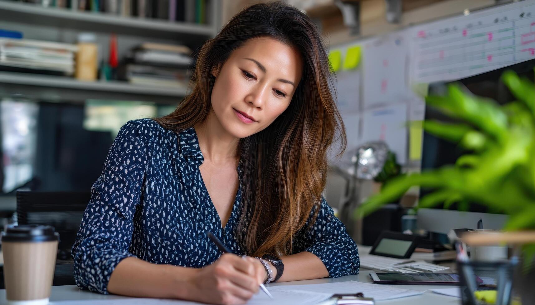 Focused Professional Woman Writing in Office Modern Workspace Background Copyspace Available photo