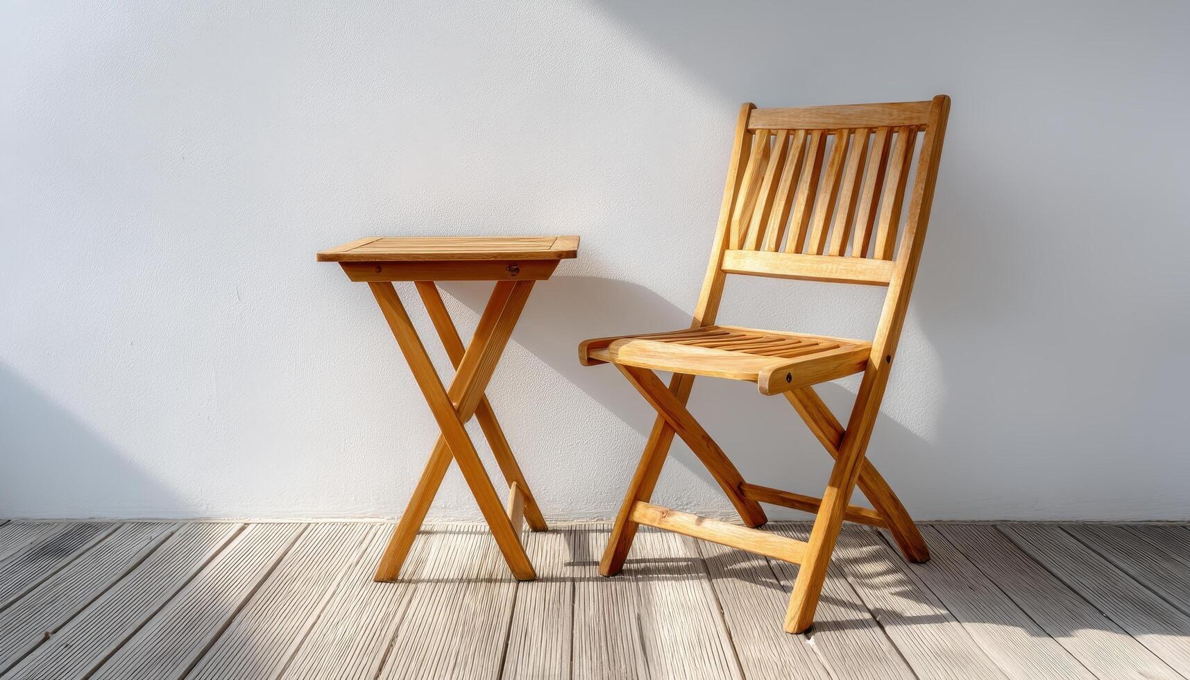 Wooden Chair and Table in Minimalist Background with Copyspace for Design Ideas photo