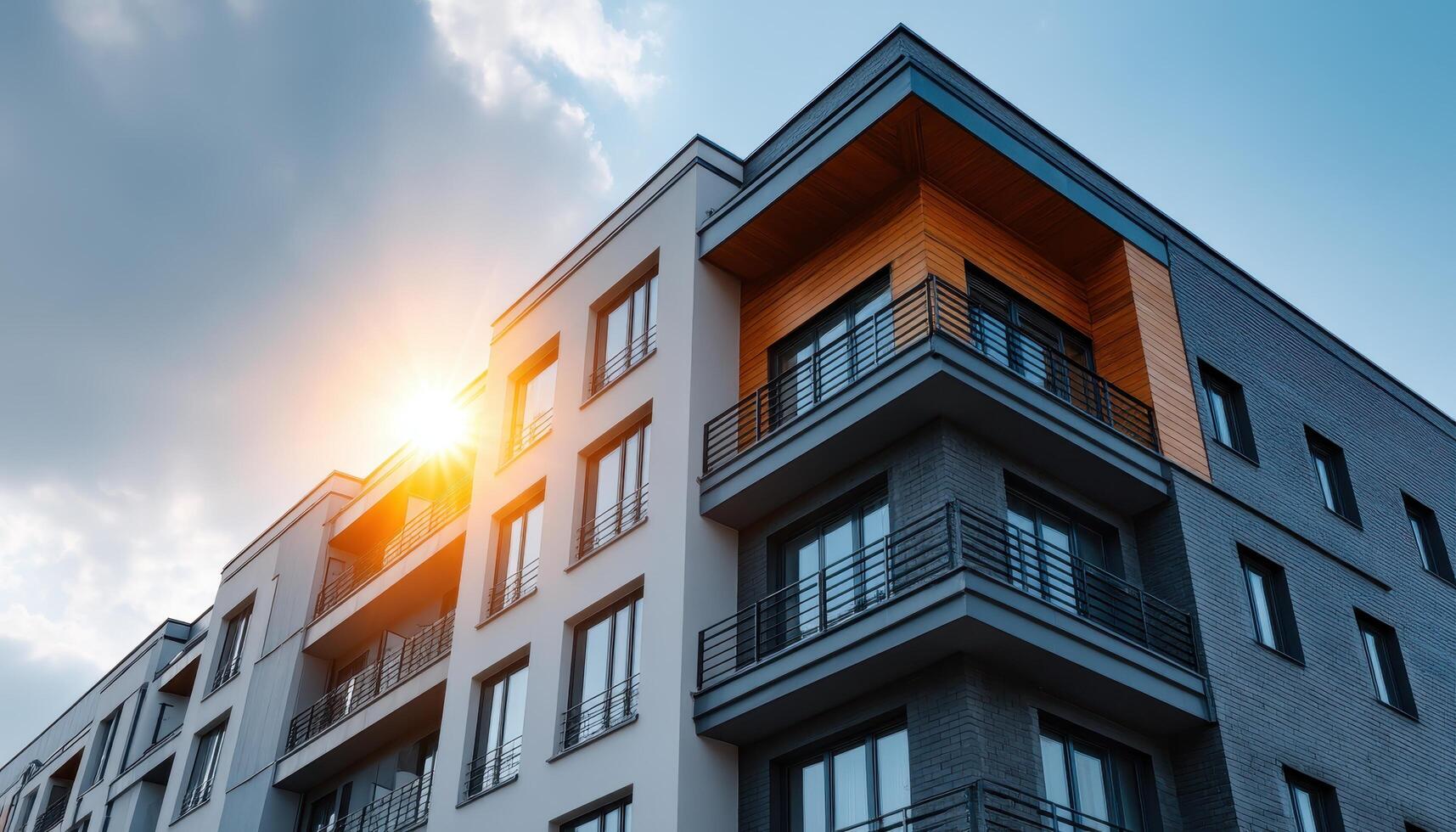 Modern Apartment Building at Sunset City Skyline Background Copyspace for Text photo