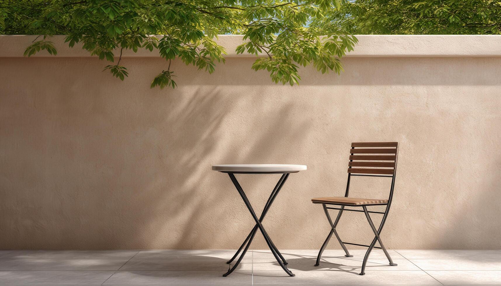 Relaxing Outdoor Table and Chair in Minimalist Garden Background with Copyspace photo