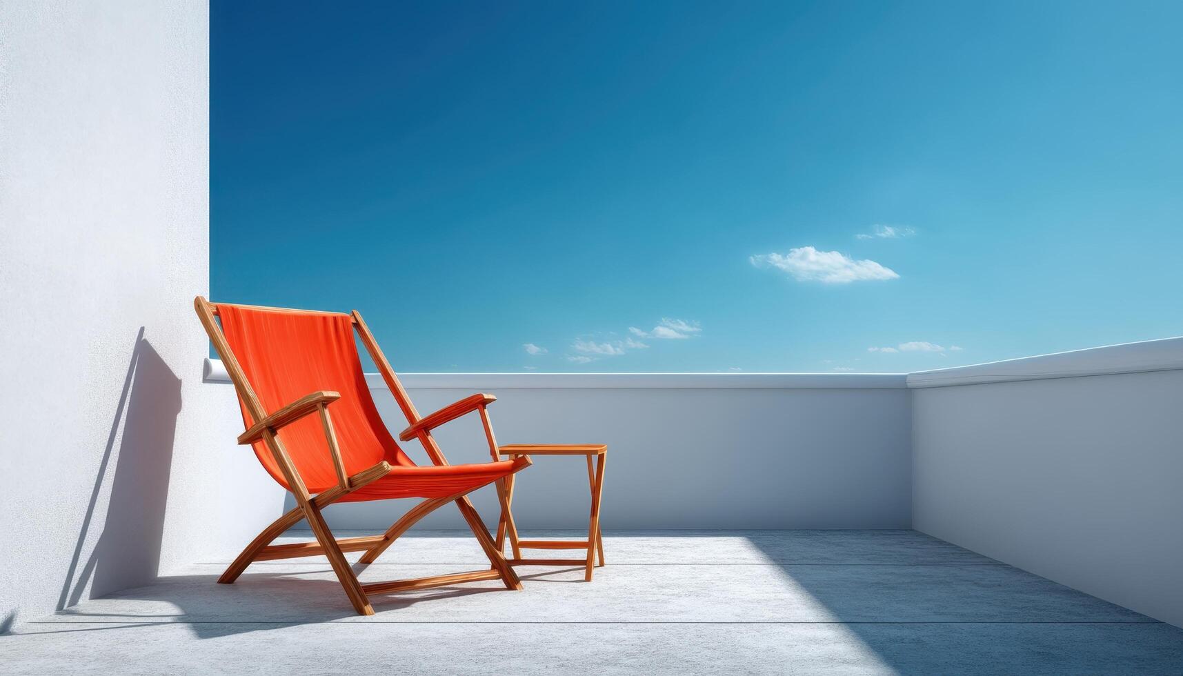 Relaxing Red Chair on Balcony with Clear Sky Background and Copyspace for Your Thoughts photo