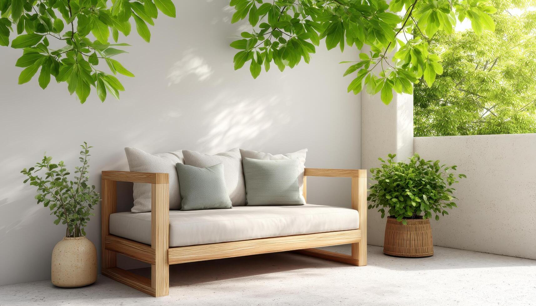 Serene Outdoor Seating Area Modern Home Interior Design Natural Light Background Copyspace photo