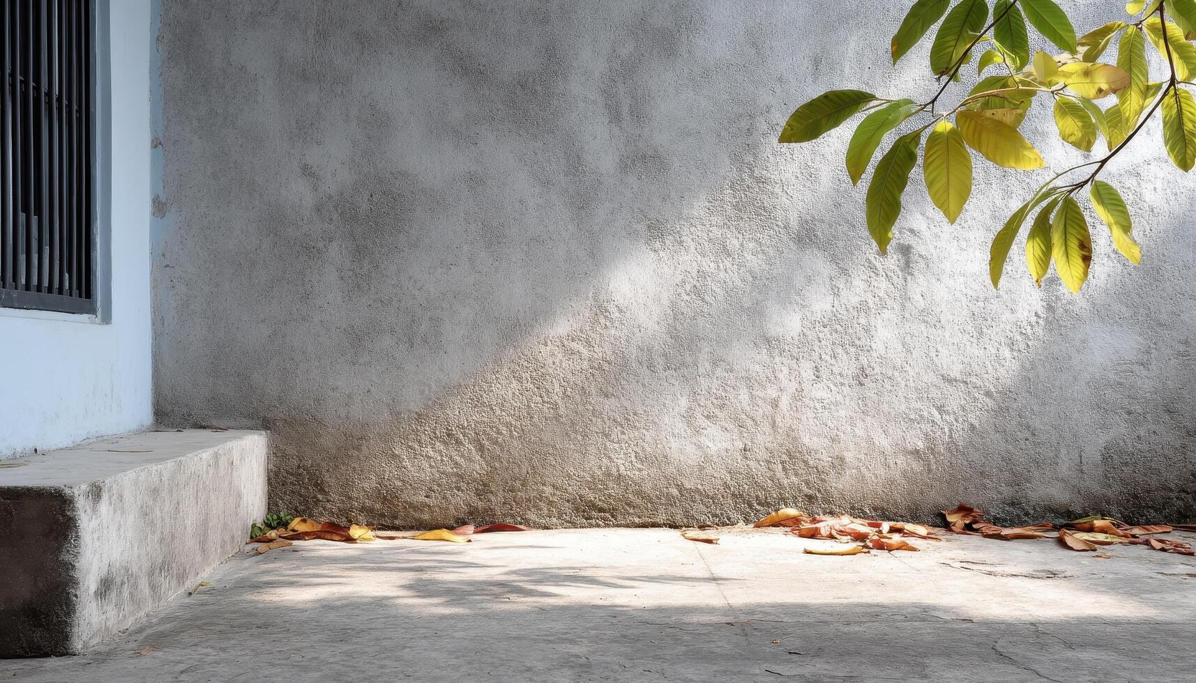 Autumn Leaves on Concrete Floor Urban Background Copyspace for Text Natural Light photo