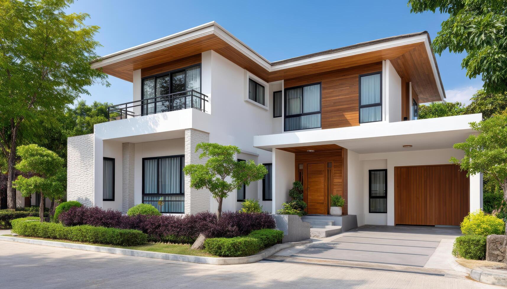 Modern House Exterior Suburban Neighborhood Photography Sunny Background Copyspace Available photo