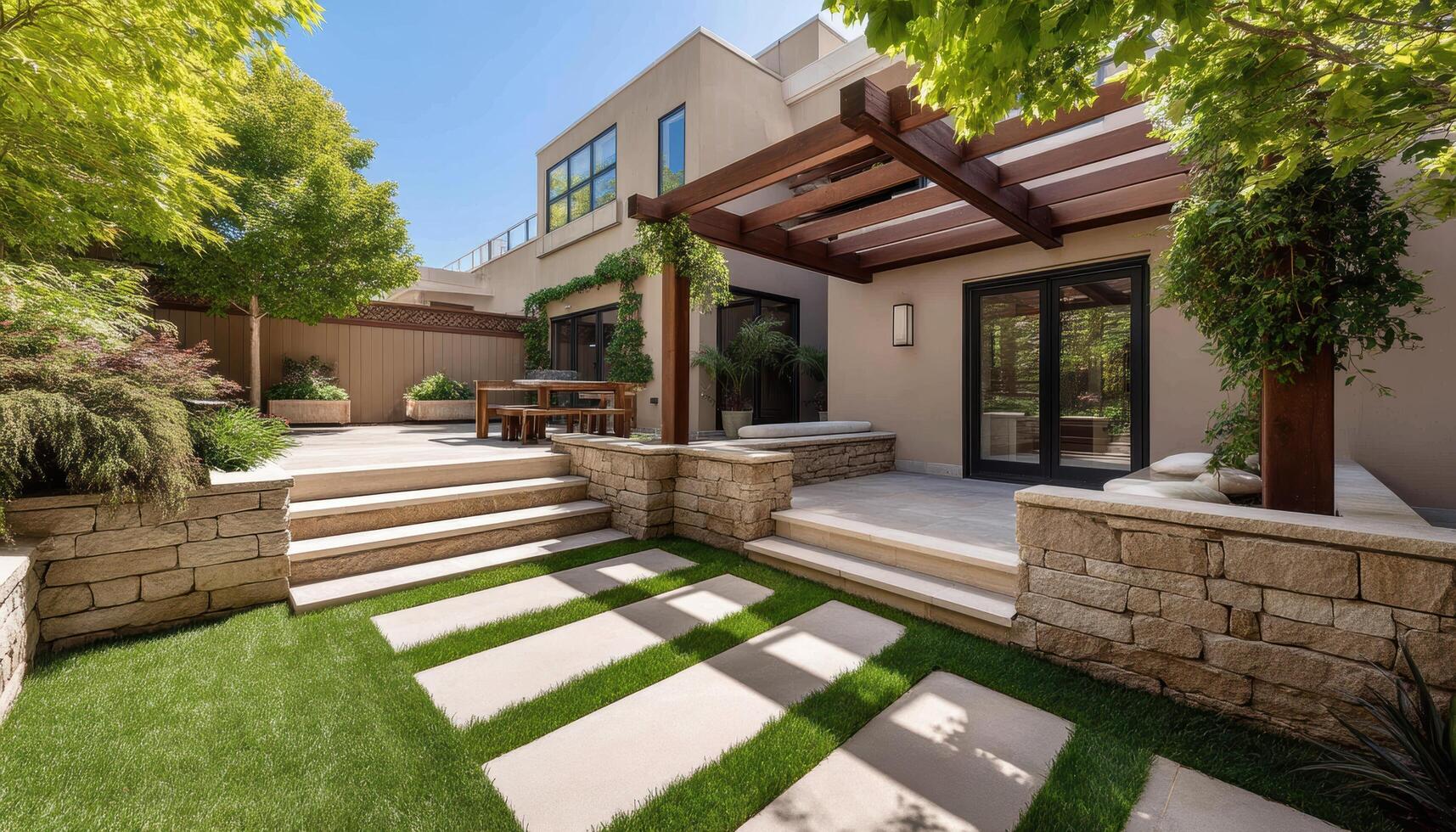Backyard Oasis Modern Home Patio Tranquil Landscape Outdoor Living Green Background Copyspace photo