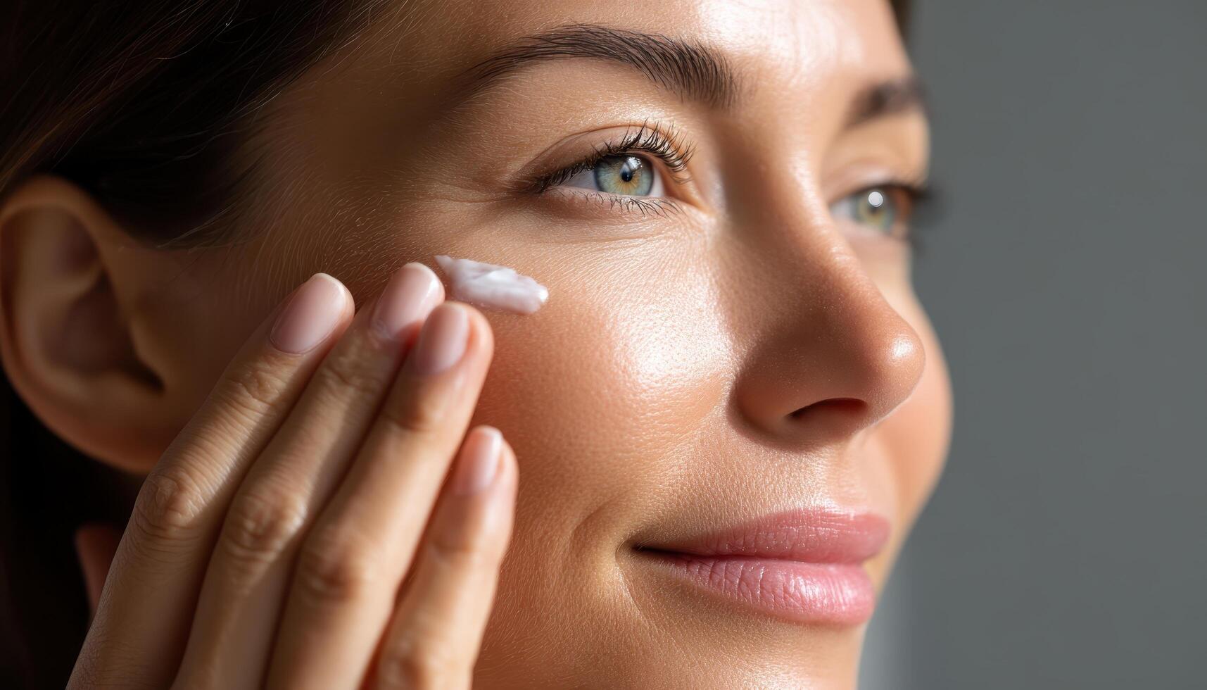 Skincare Routine Woman Applying Cream Indoor Setting Soft Background Copyspace Focus photo