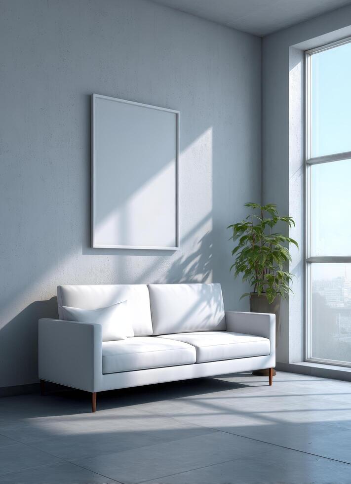 Modern Living Room with White Couch Bright Interior Minimalist Design Background Copyspace photo