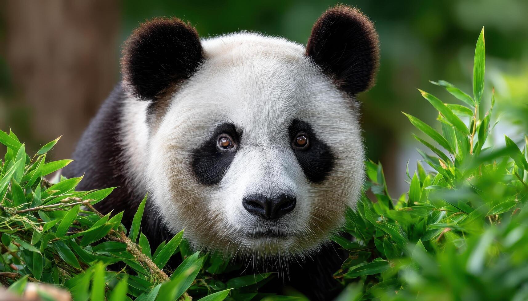 Panda Eating Bamboo Natural Habitat Wildlife Photography Lush Green Background Copyspace photo
