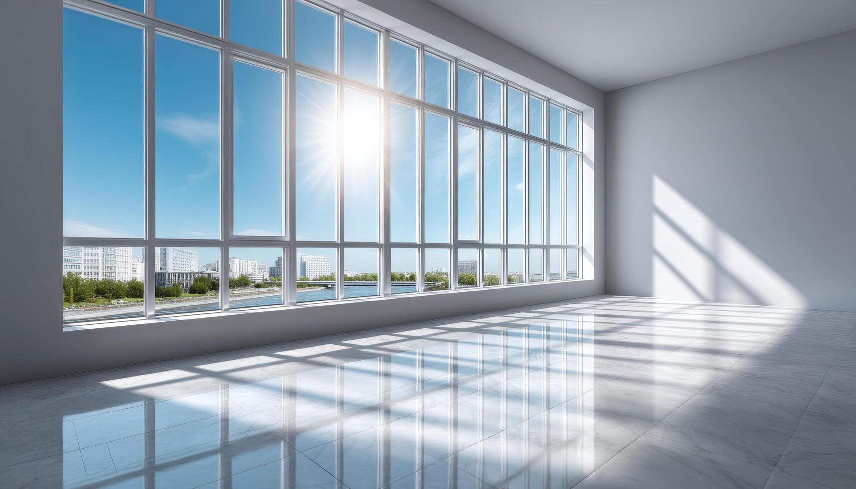 Modern Office Interior with Large Windows Bright Background Copyspace Stylish Design photo
