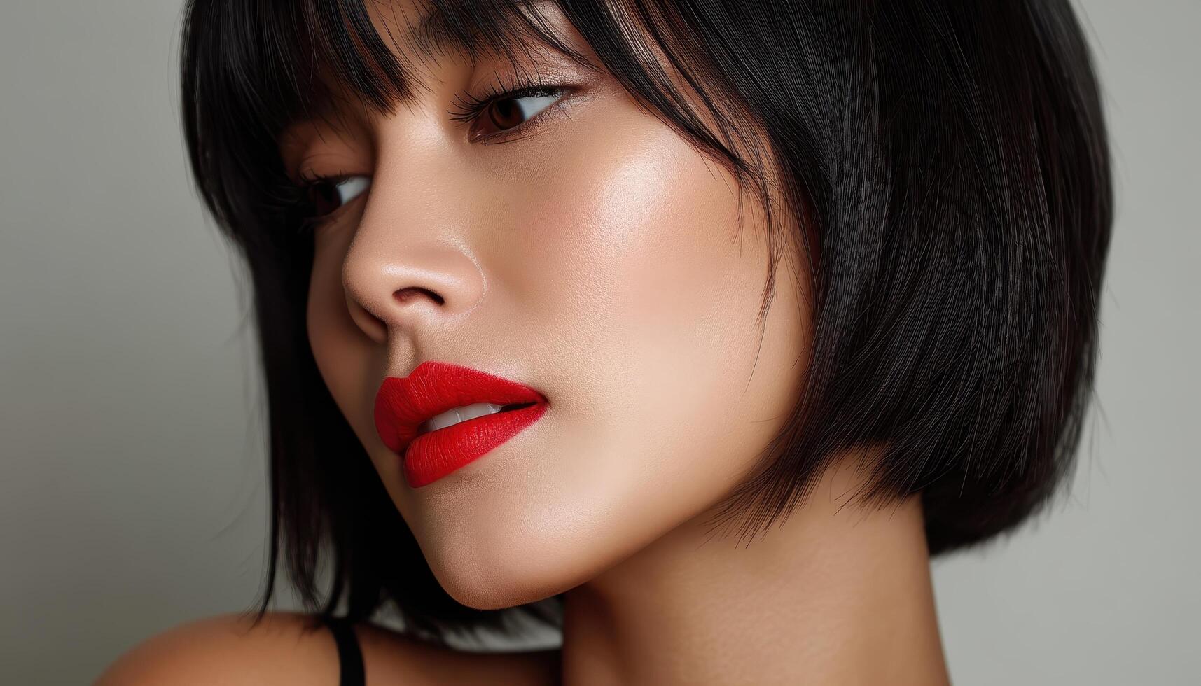 Elegant Portrait of a Woman with Red Lips Studio Background Close-Up Shot Copyspace photo