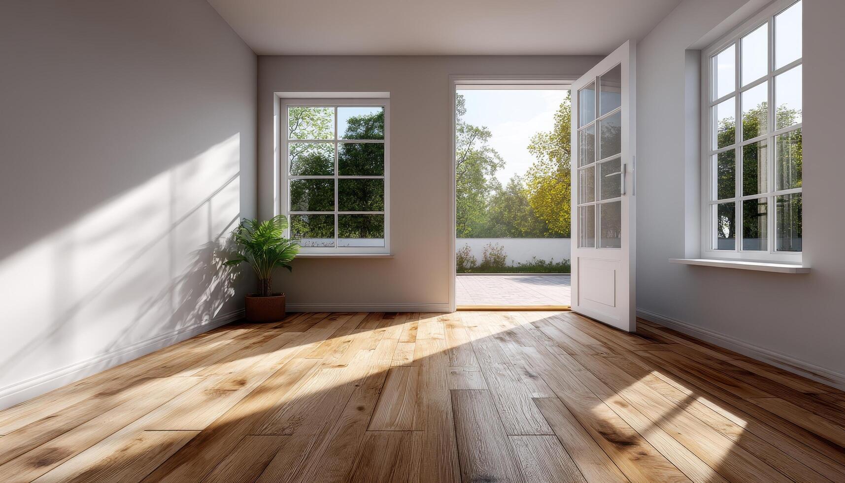 Sunlit Interior View of Minimalist Room with Open Door Background and Copyspace for Design Inspiration photo