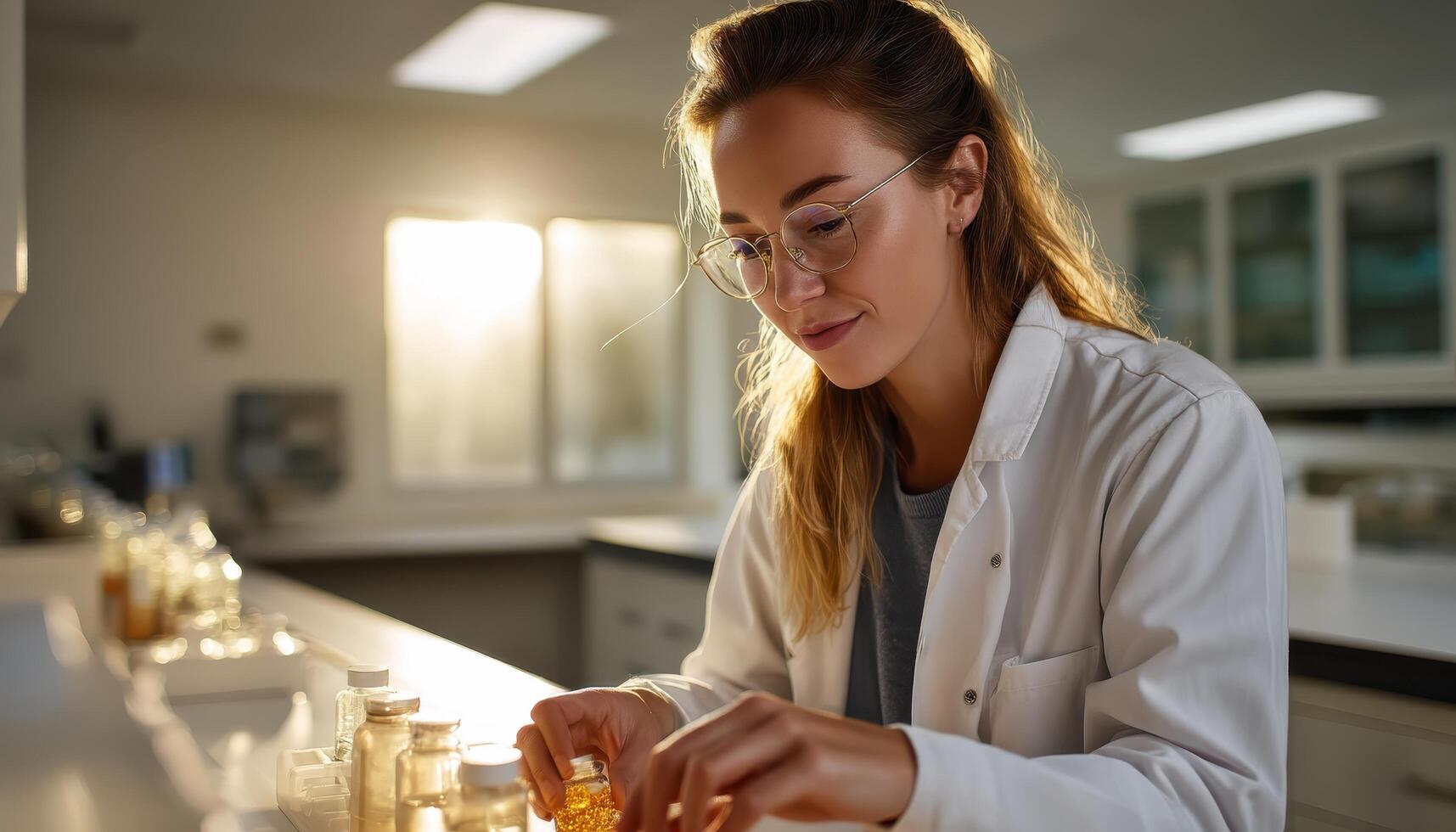 Laboratory Research in Science Background with Copyspace Professional Female Scientist Working on Experiments photo