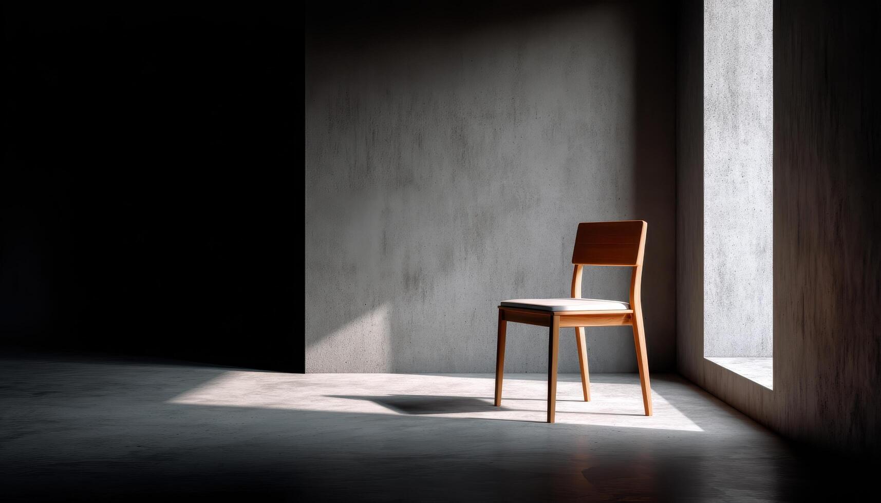 Minimalist Wooden Chair in Sunlit Room Modern Design Copyspace Background Tranquil Environment photo