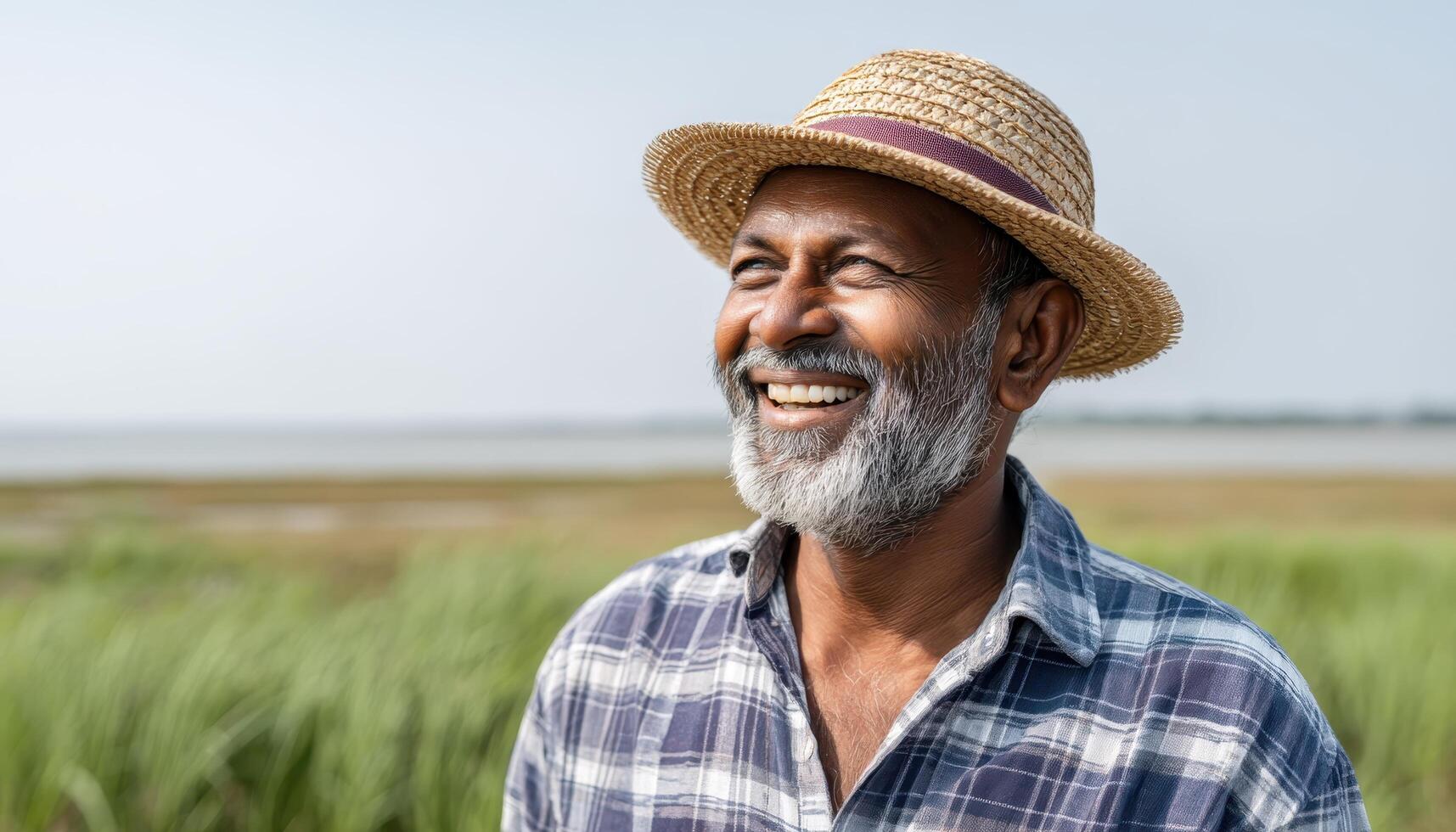 Smiling Elderly Man Enjoying Nature Outdoor Field Portrait with Background and Copyspace photo