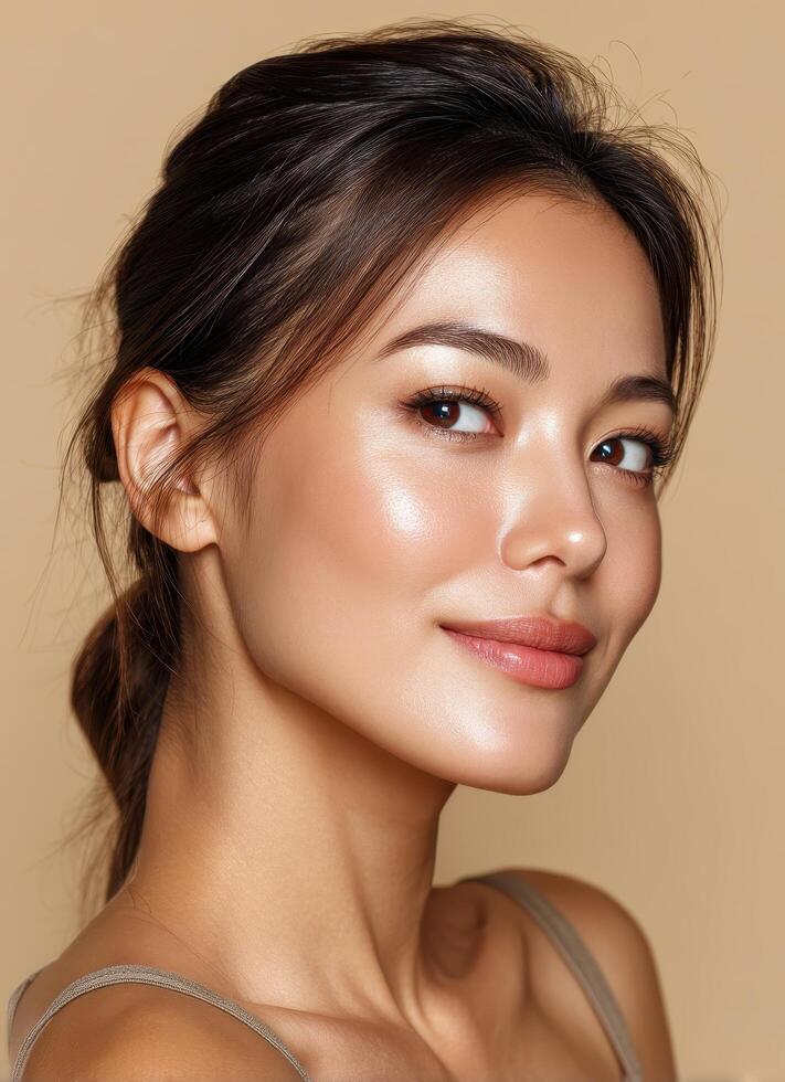 Elegant Woman Portrait Studio Setting Beauty Content Soft Background Copyspace for Branding photo