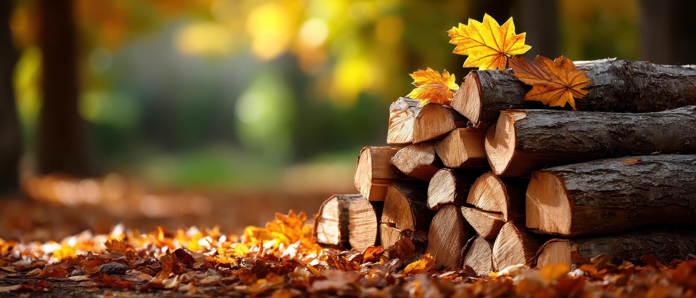 Vibrant Autumn Scenery with Woodpile and Colorful Leaves Nature Background Copyspace photo