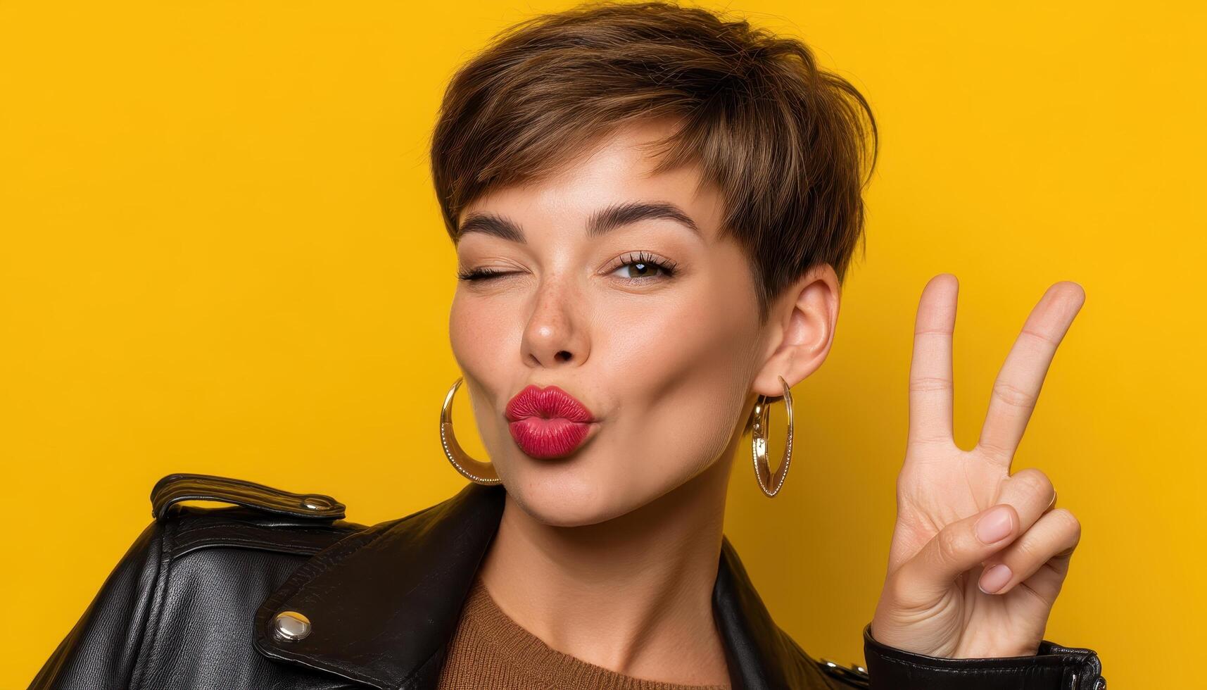 Fashionable Young Woman Winking Yellow Background Portrait Studio Closeup Copyspace photo