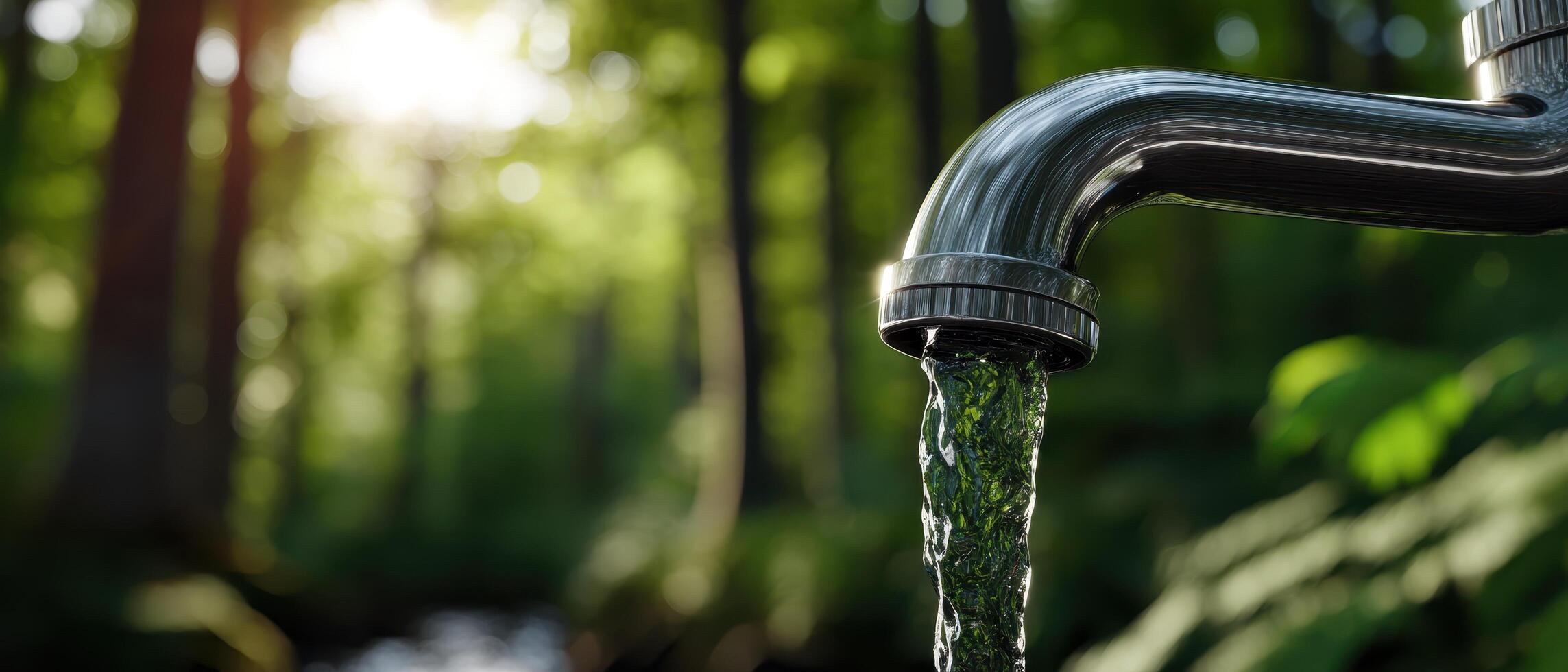 Cascading Water from Faucet in Lush Forest Background Nature Scene with Copyspace photo