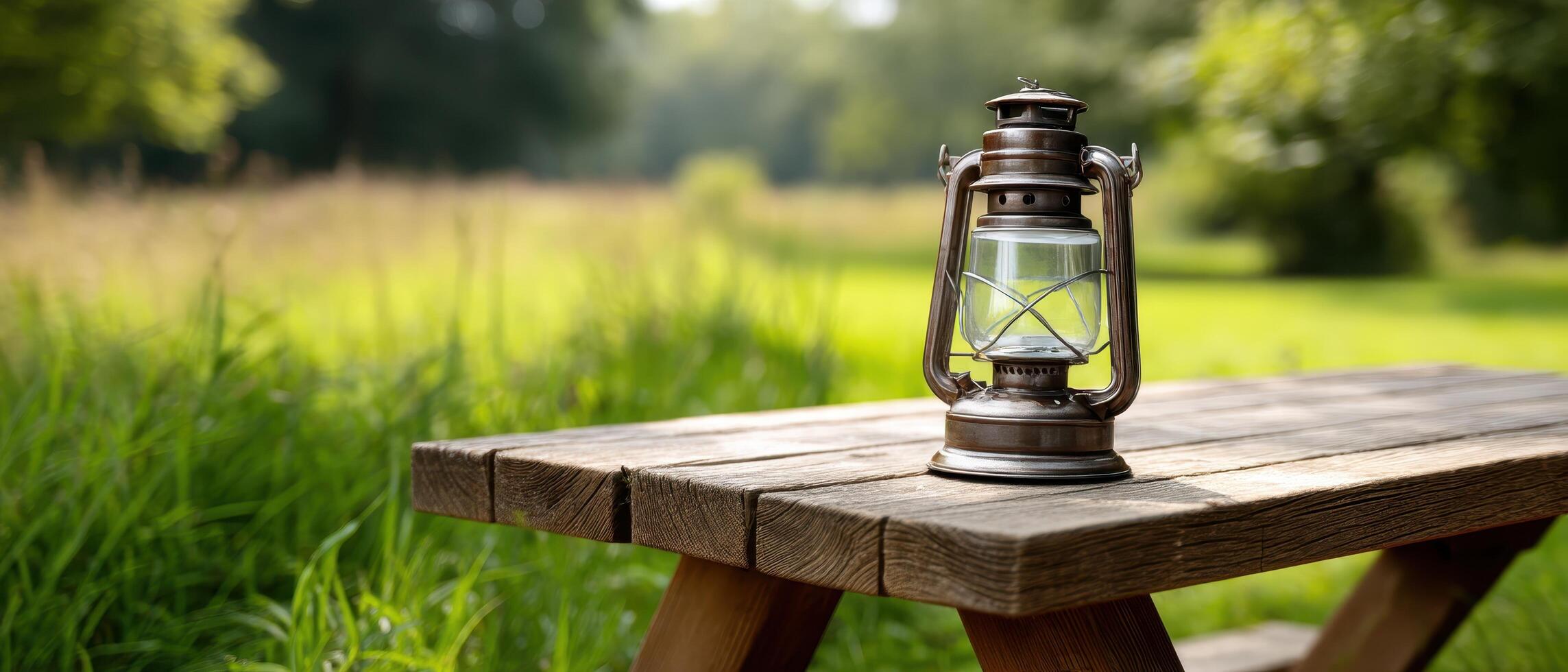Handmade Lantern on Picnic Table Nature Setting Outdoor Scene Background with Copyspace photo