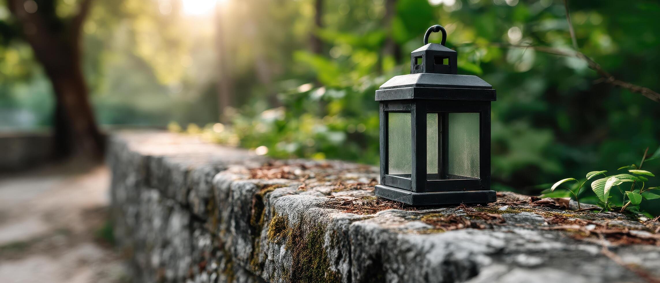 Antique Lantern on Weathered Stone Wall Outdoor Setting Nature Background Copyspace Available photo
