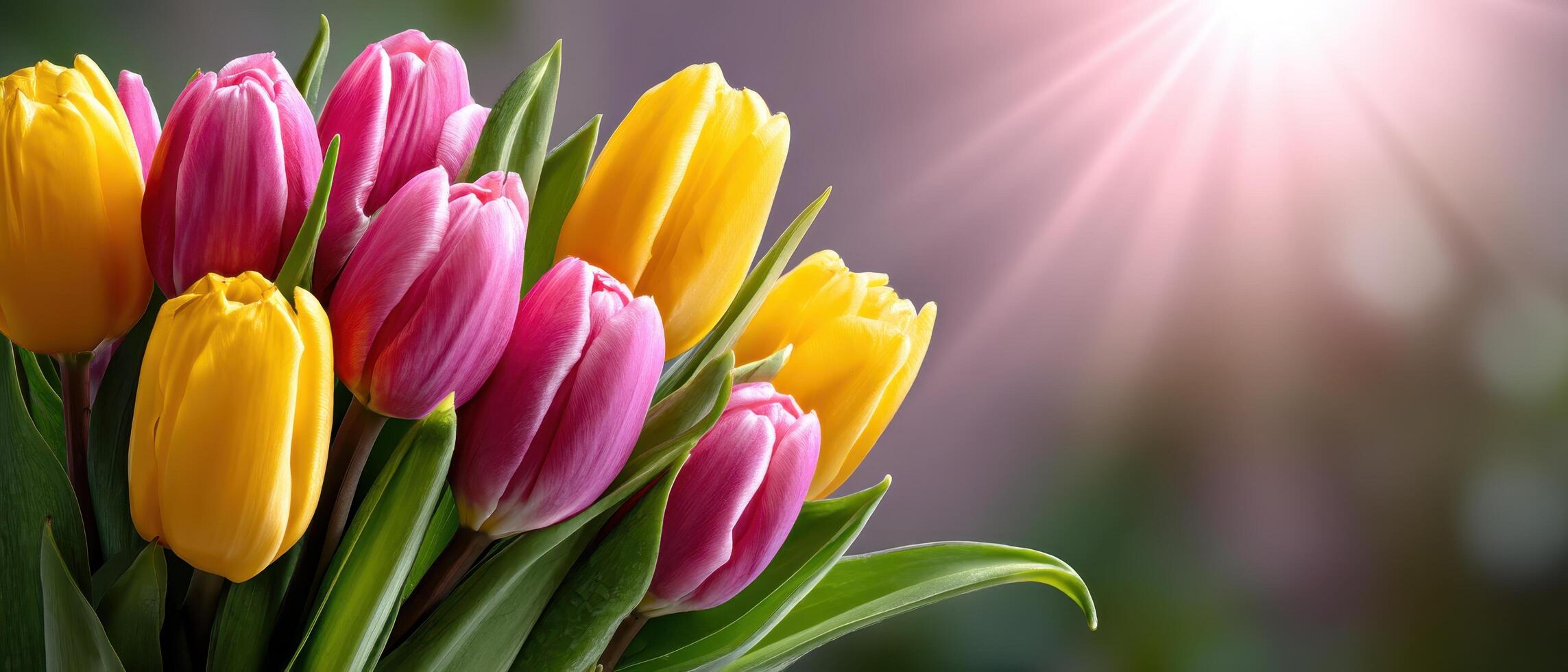 Vibrant Tulip Bouquet in Cheerful Light Nature Background Copyspace Floral Arrangement photo