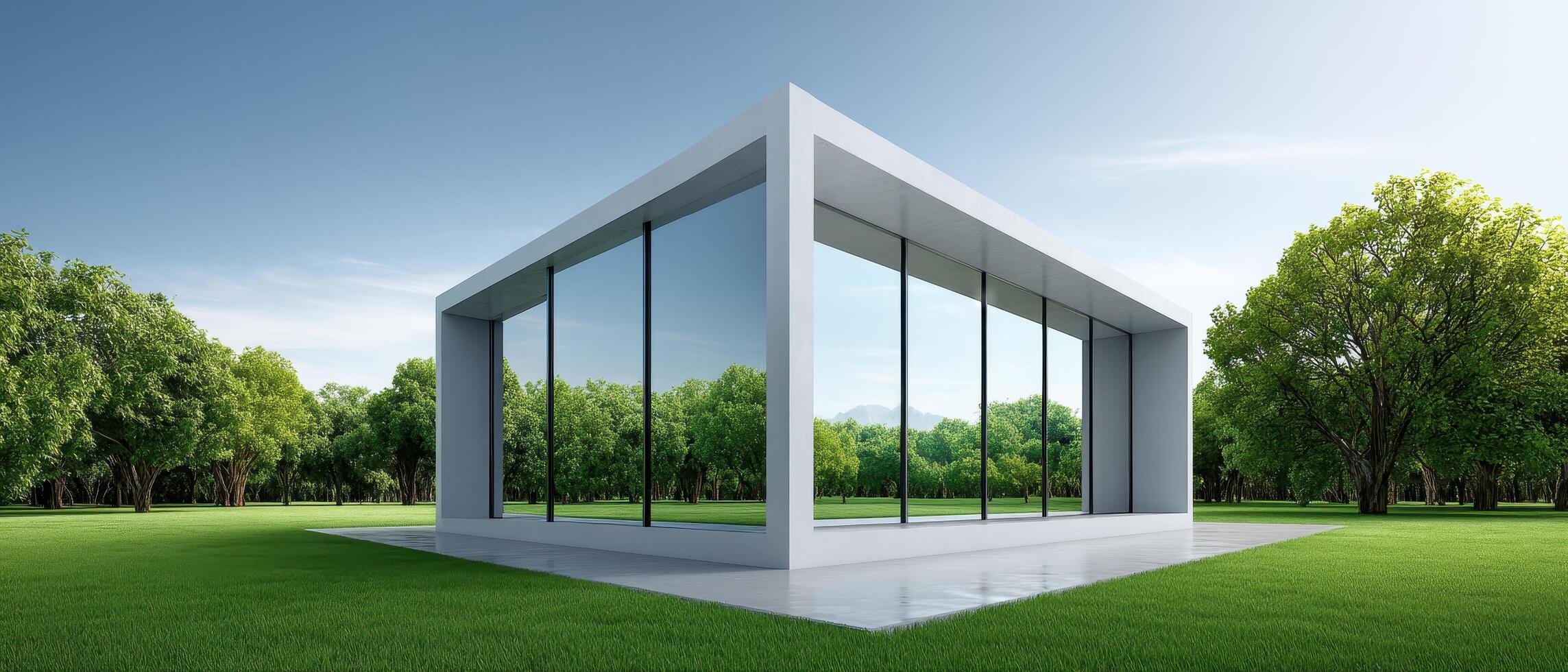 Futuristic Cube-Shaped House with Large Windows Green Background Copyspace Modern Architecture photo