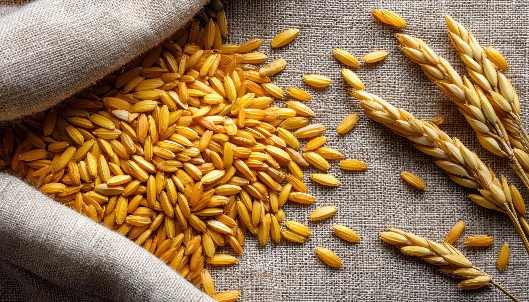 Freshly Harvested Rice Grains on Burlap Background with Copyspace Nature Scene Vibrant Colors photo