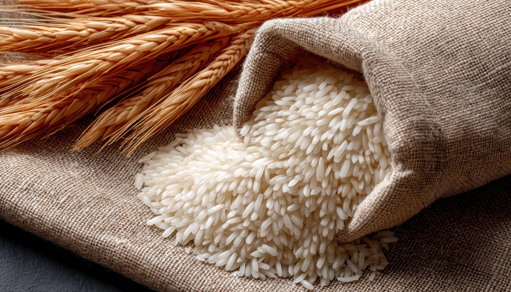 Freshly Harvested Rice Grains on Burlap Background with Copyspace in Natural Setting photo