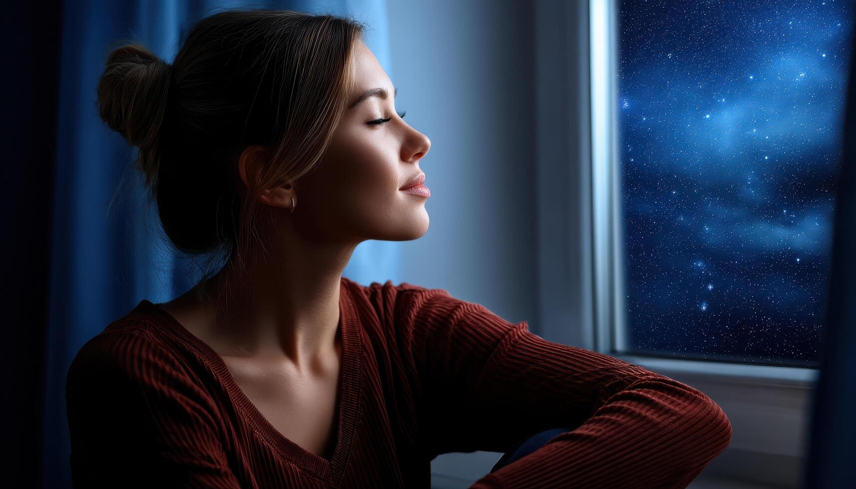 Contemplative Woman Sitting on Window Ledge Night Sky Background Copyspace for Reflection photo